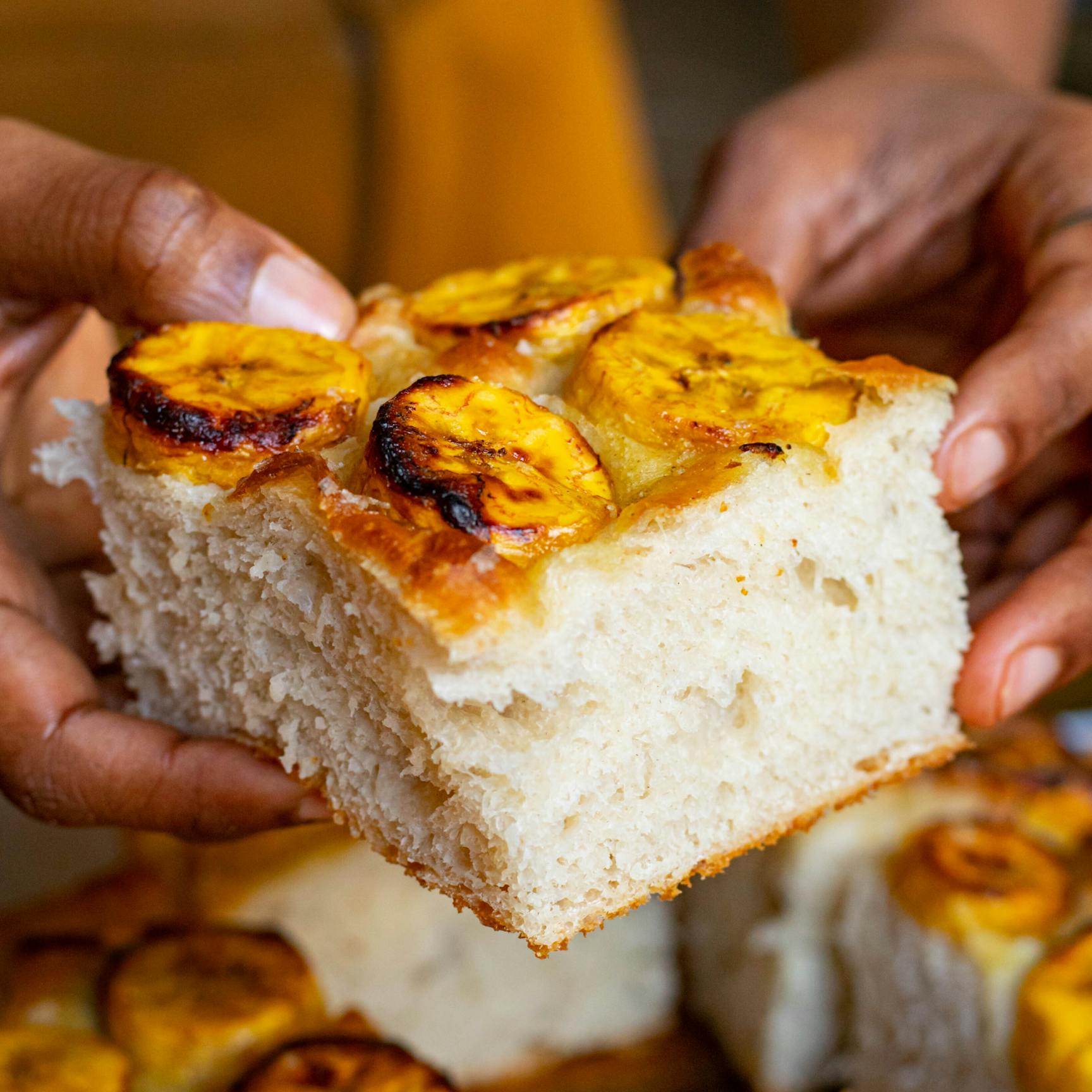 Plantain Focaccia with Curry Leaf Oil