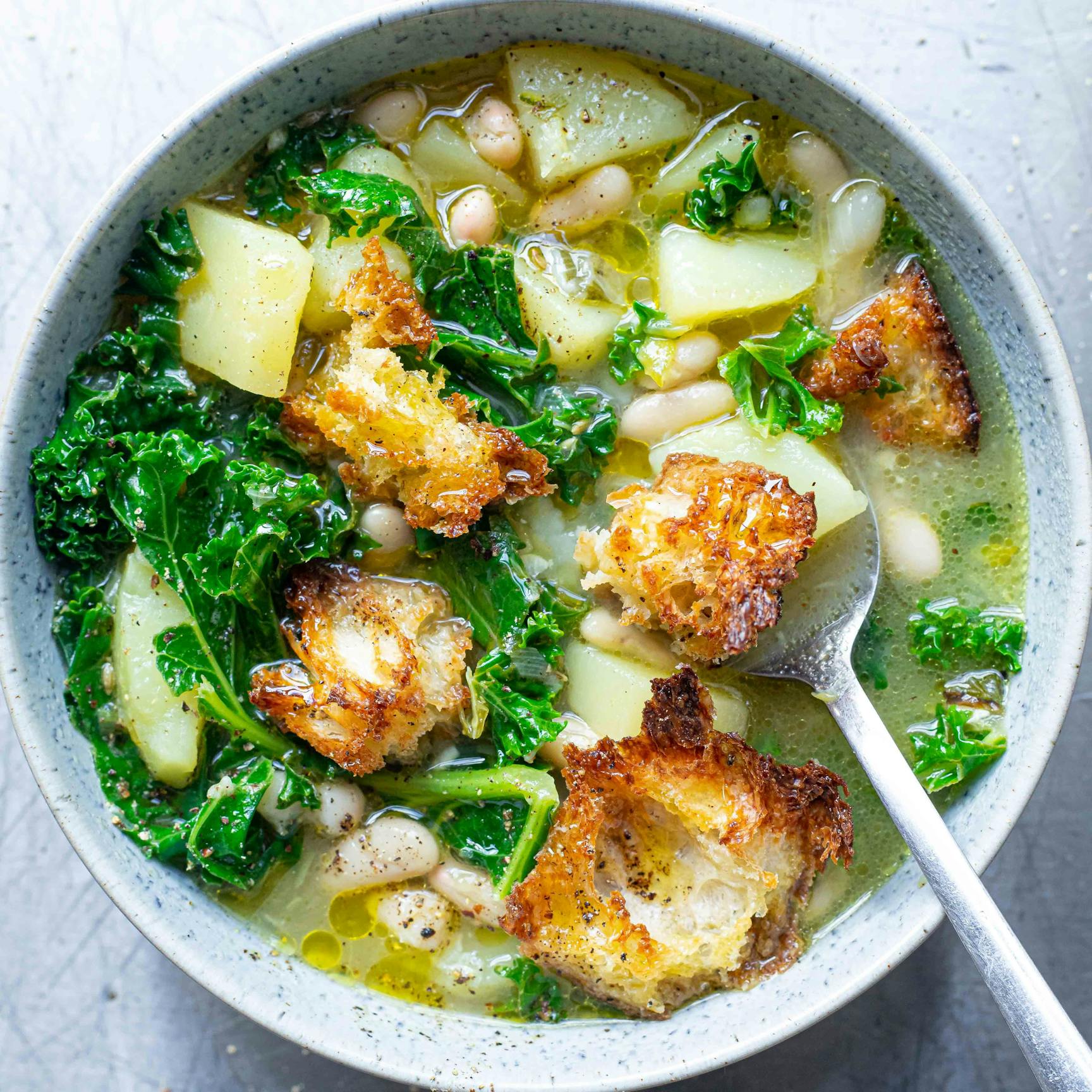 Zesty Kale White Bean Potato Soup With Garlicky Croutons