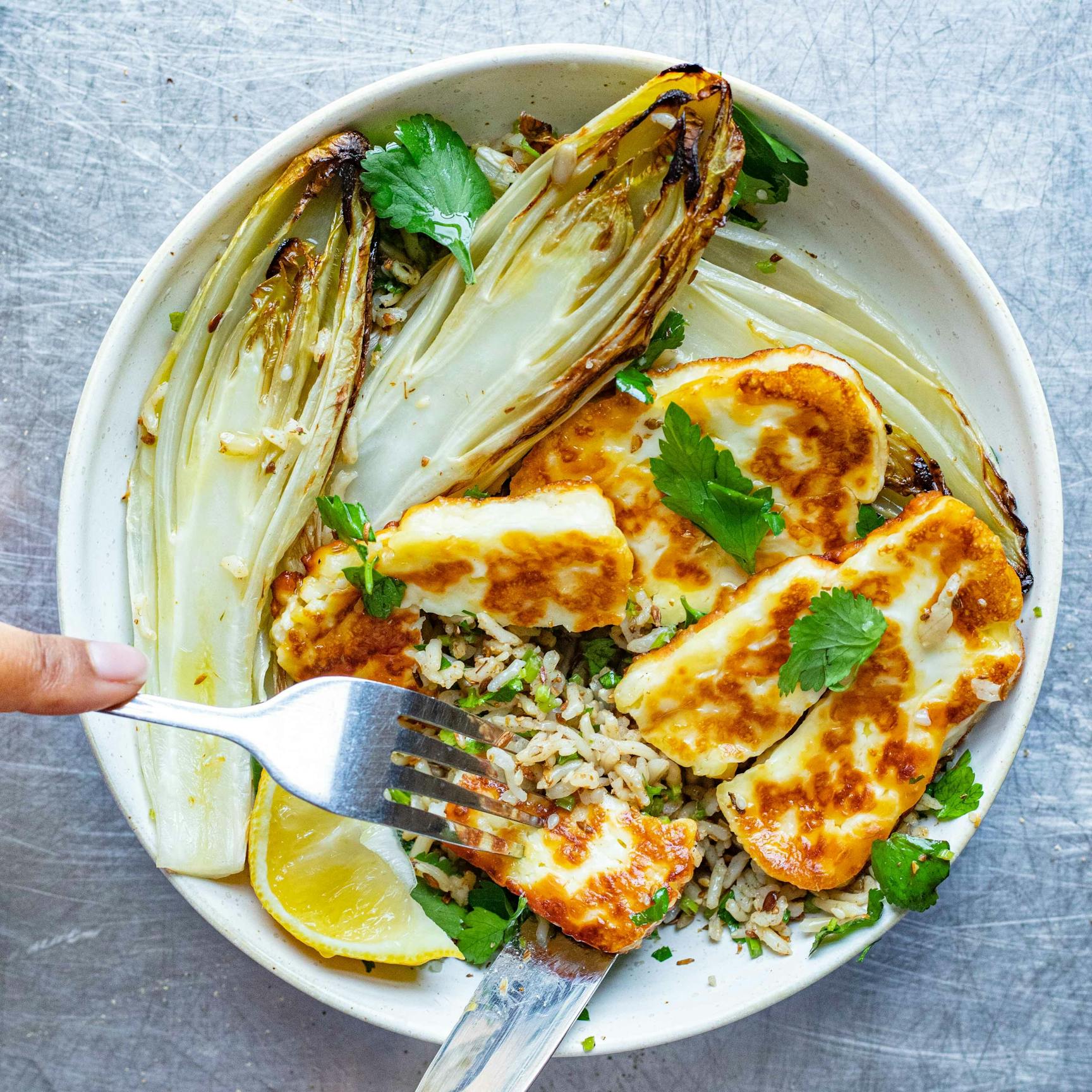 Golden Halloumi With Grilled Chicory Seedy Brown Rice