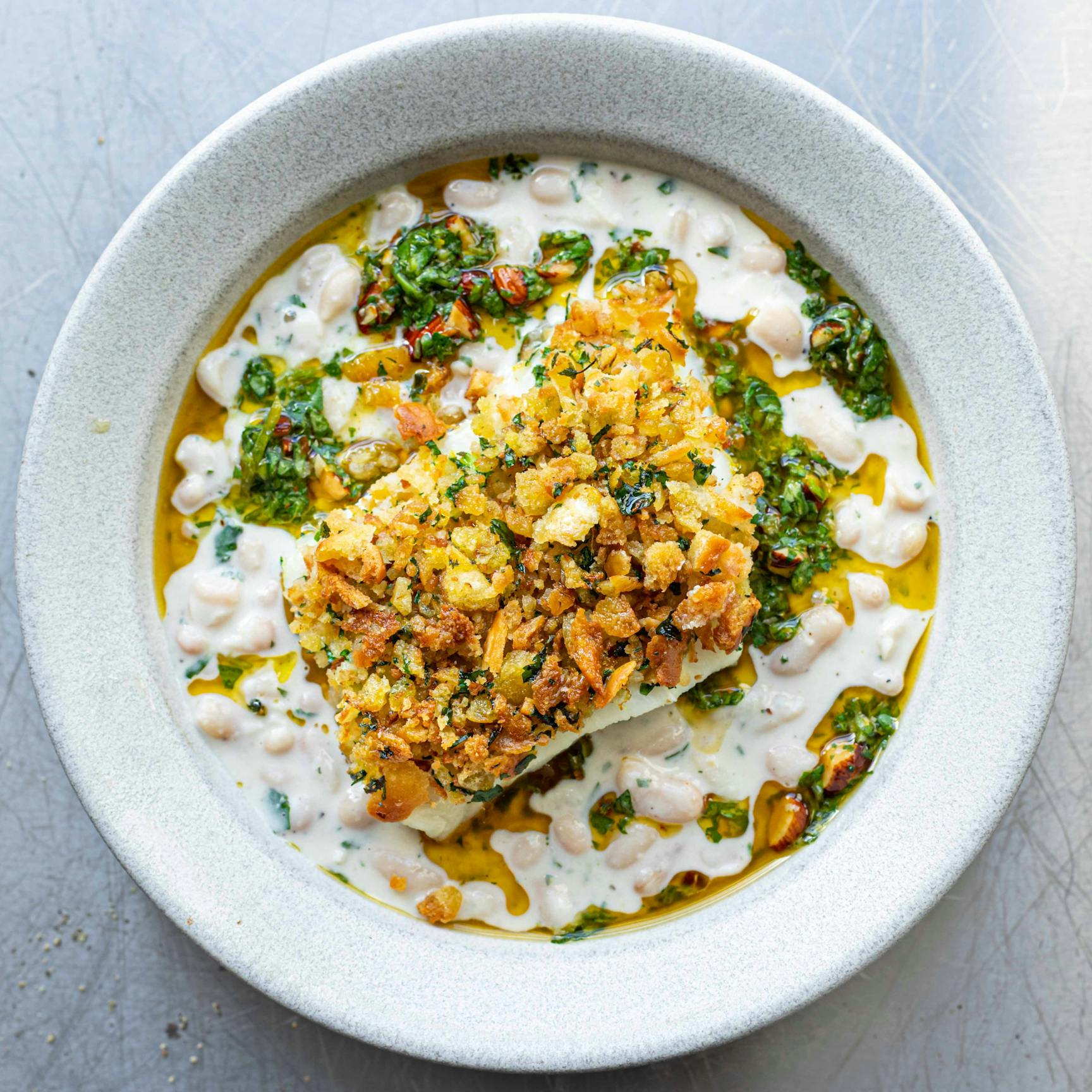 Herb Crusted Cod With Creamy Beans Watercress Pesto