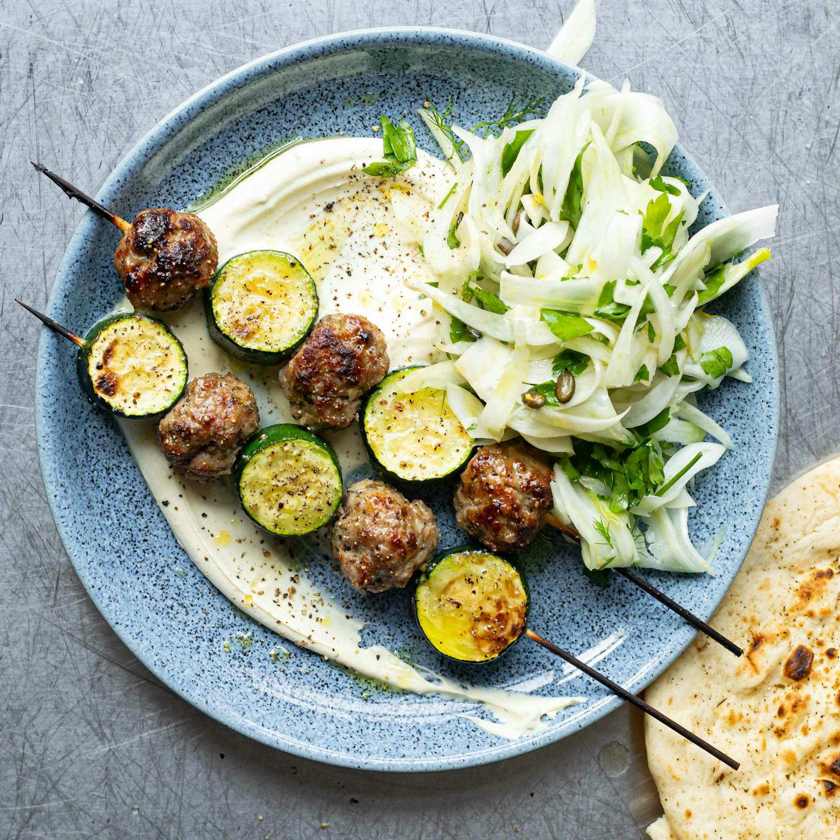 Meatball Courgette Kebabs With Fennel Pumpkin Seed Slaw