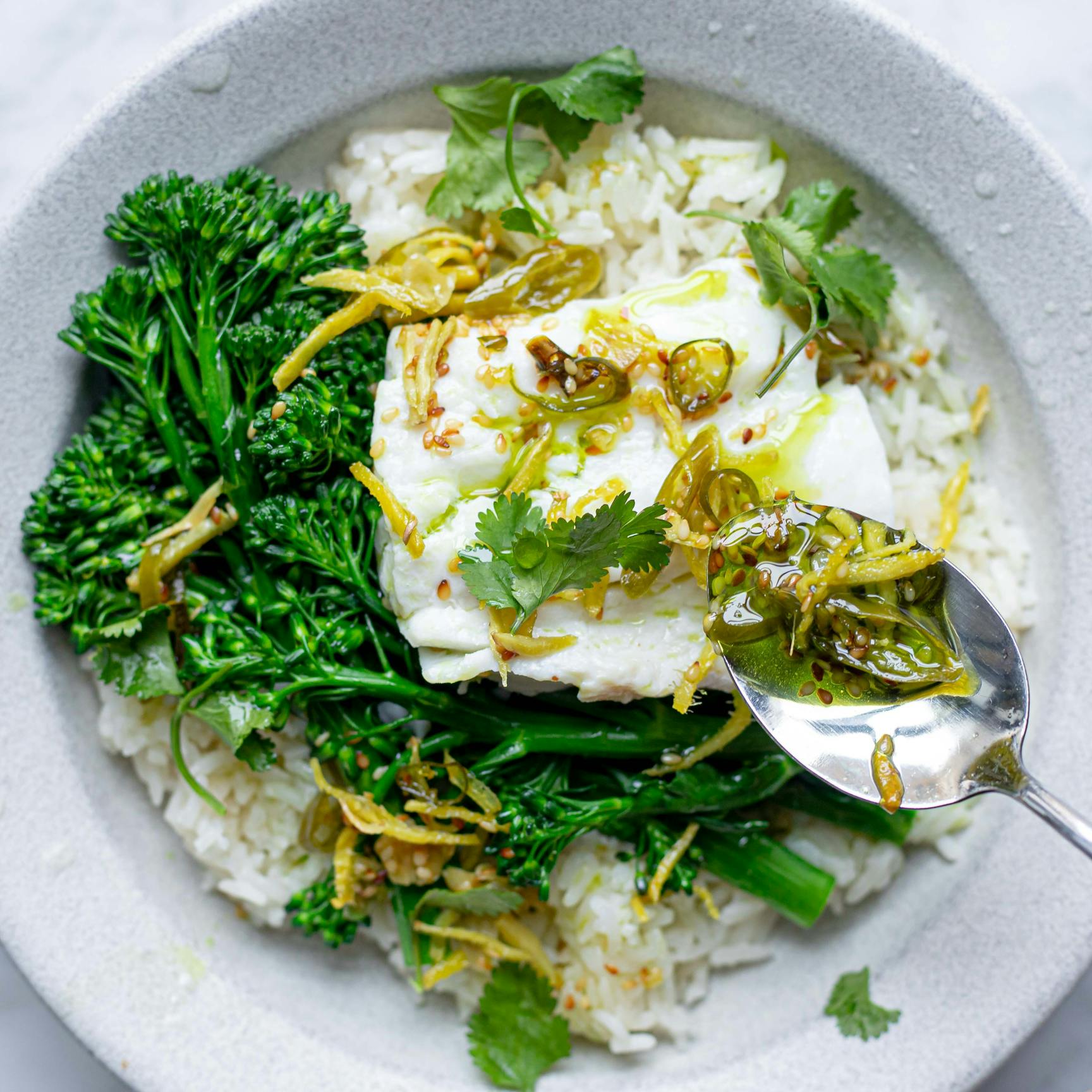 Steamed Fish Rice With Green Chilli Oil