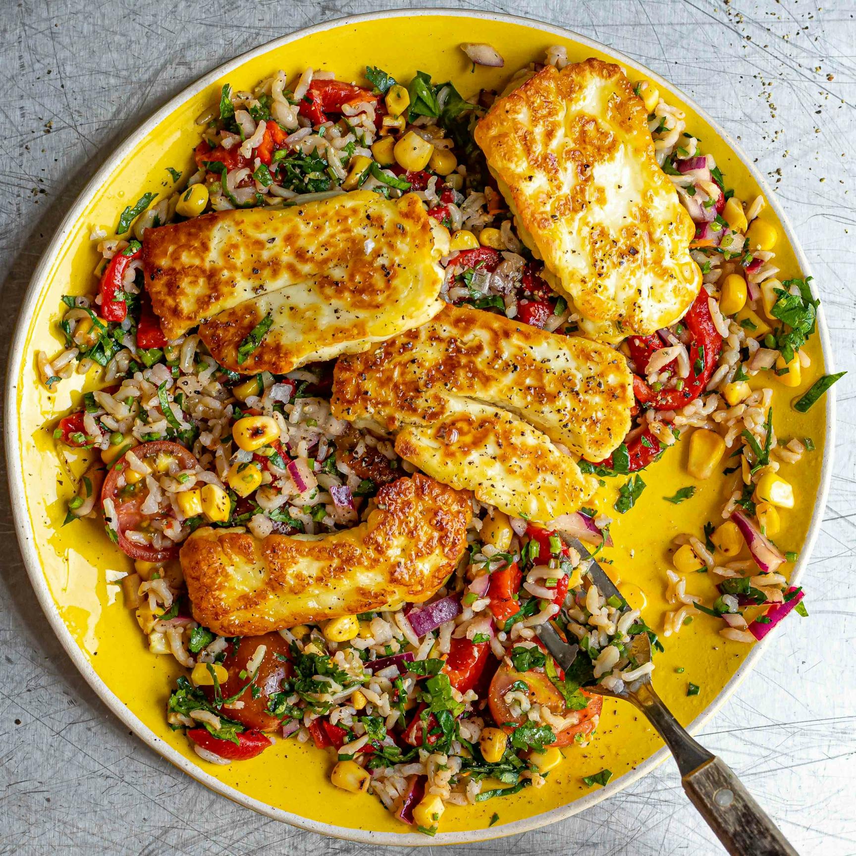 Halloumi With Corn Roasted Red Pepper Salad