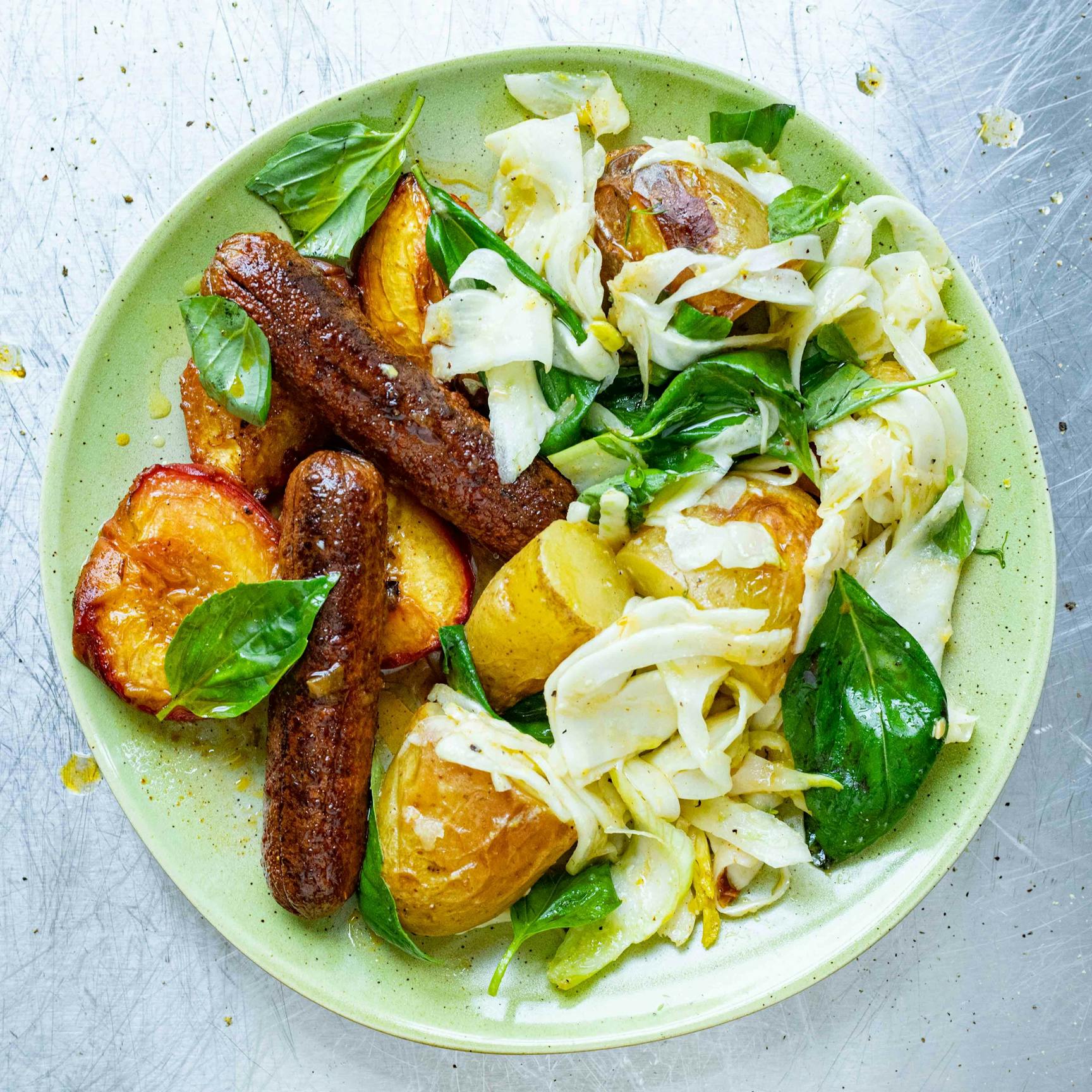 Roasted Potato Salad With Apricots Fennel Veggie Sausages