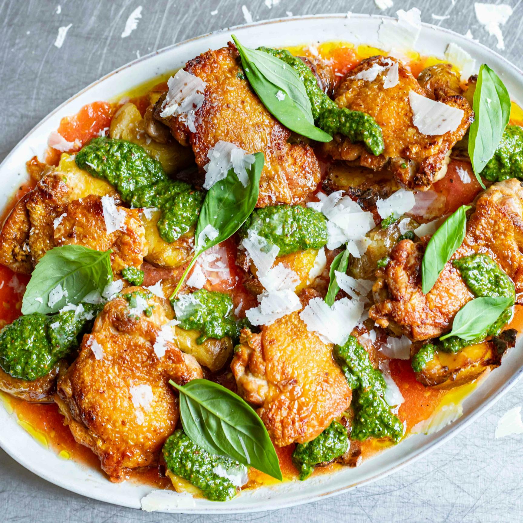 Crispy Pesto Chicken Thighs With Grated Tomato Dressing Recipe