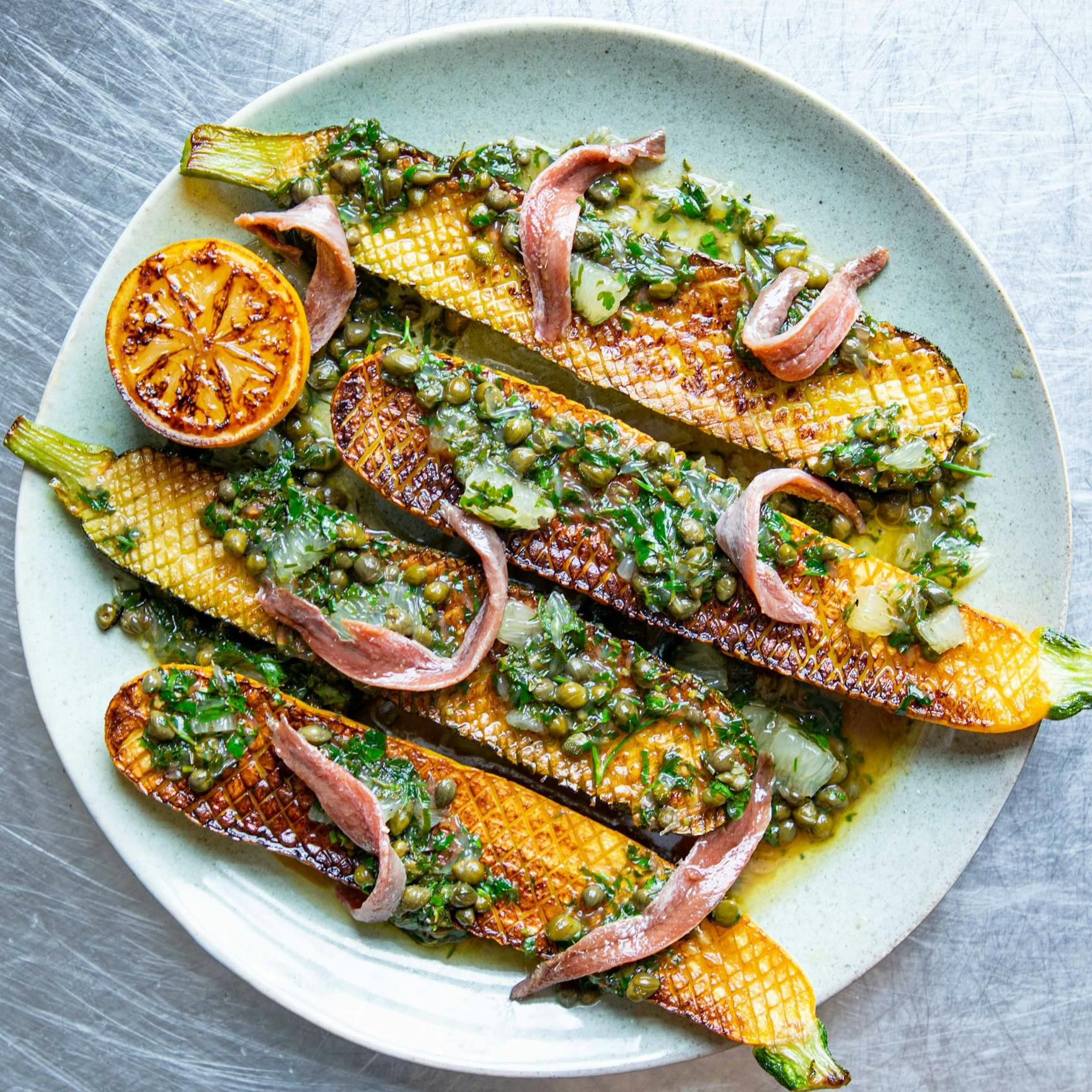 Pan Roasted Courgettes With Anchovies Capers Lemons