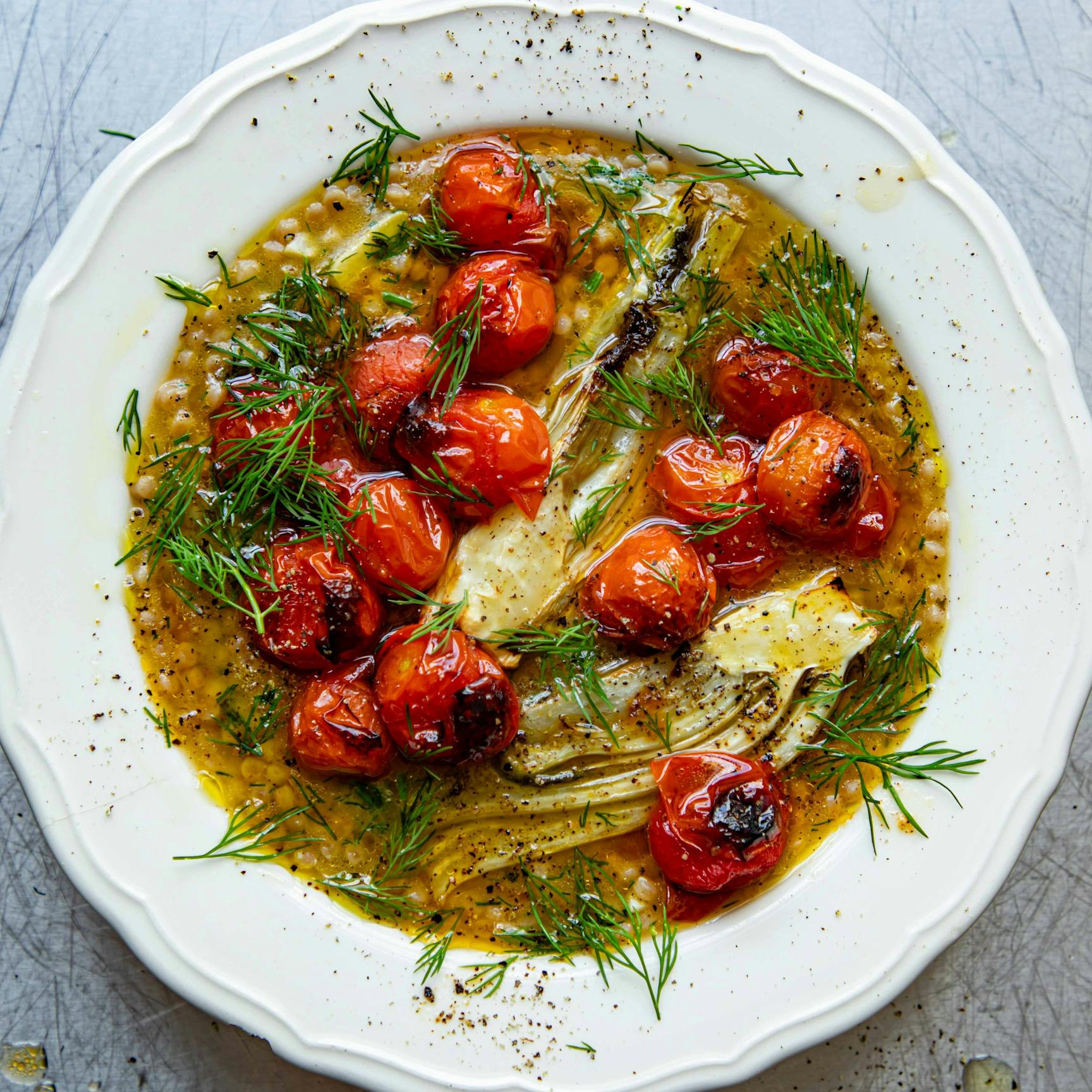 Brothy Roast Tomatoes Fennel Giant Couscous