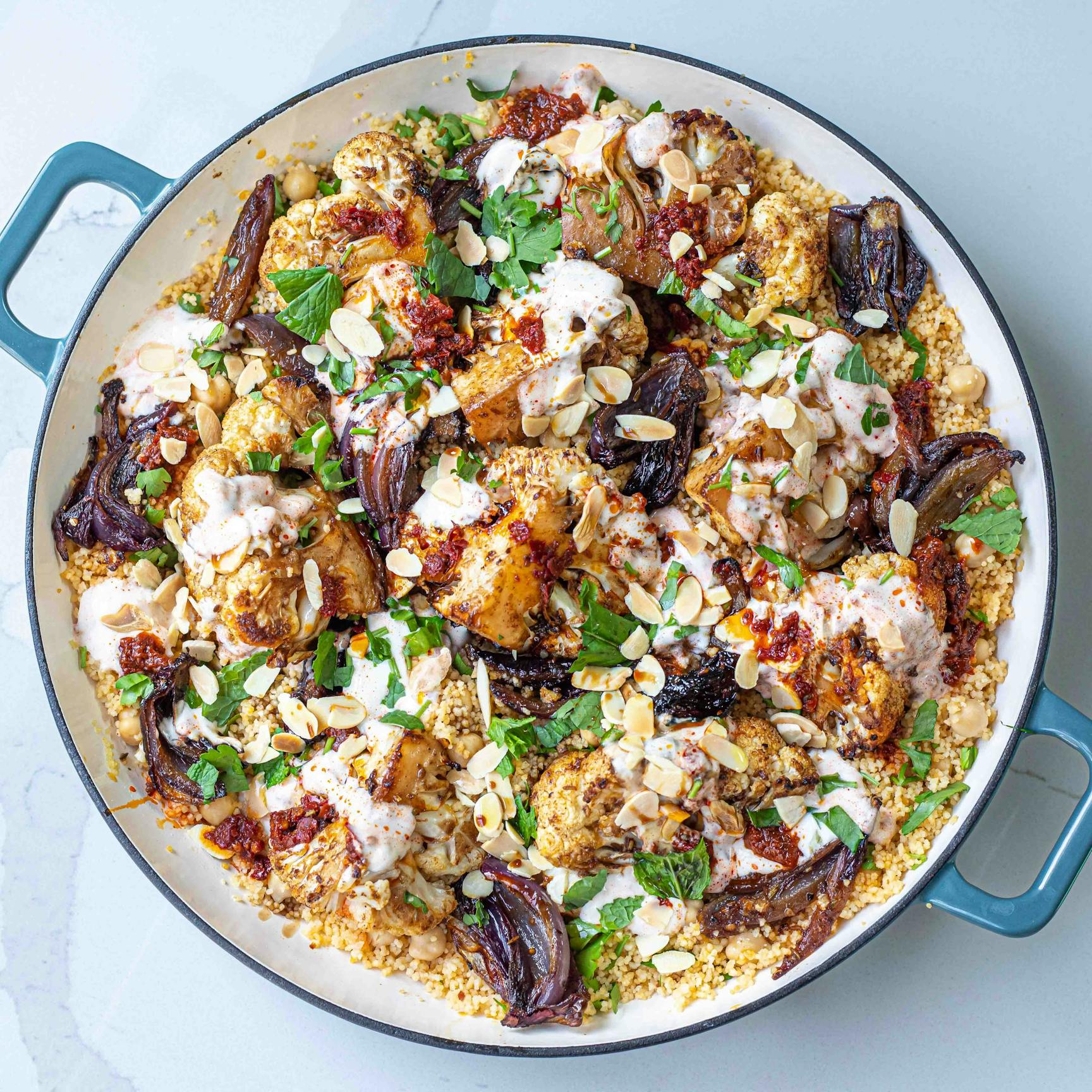 Moroccan Spiced Cauliflower Couscous With Harissa Spiked Yoghurt