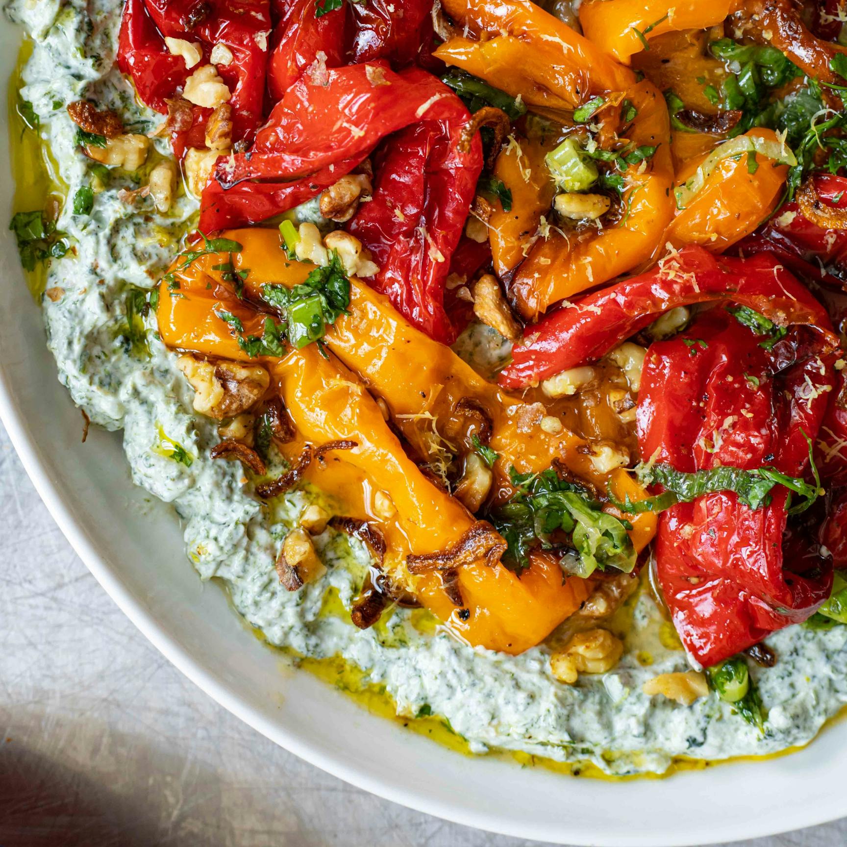 Roasted Peppers with Spinach Yoghurt Fried Onions and Walnuts
