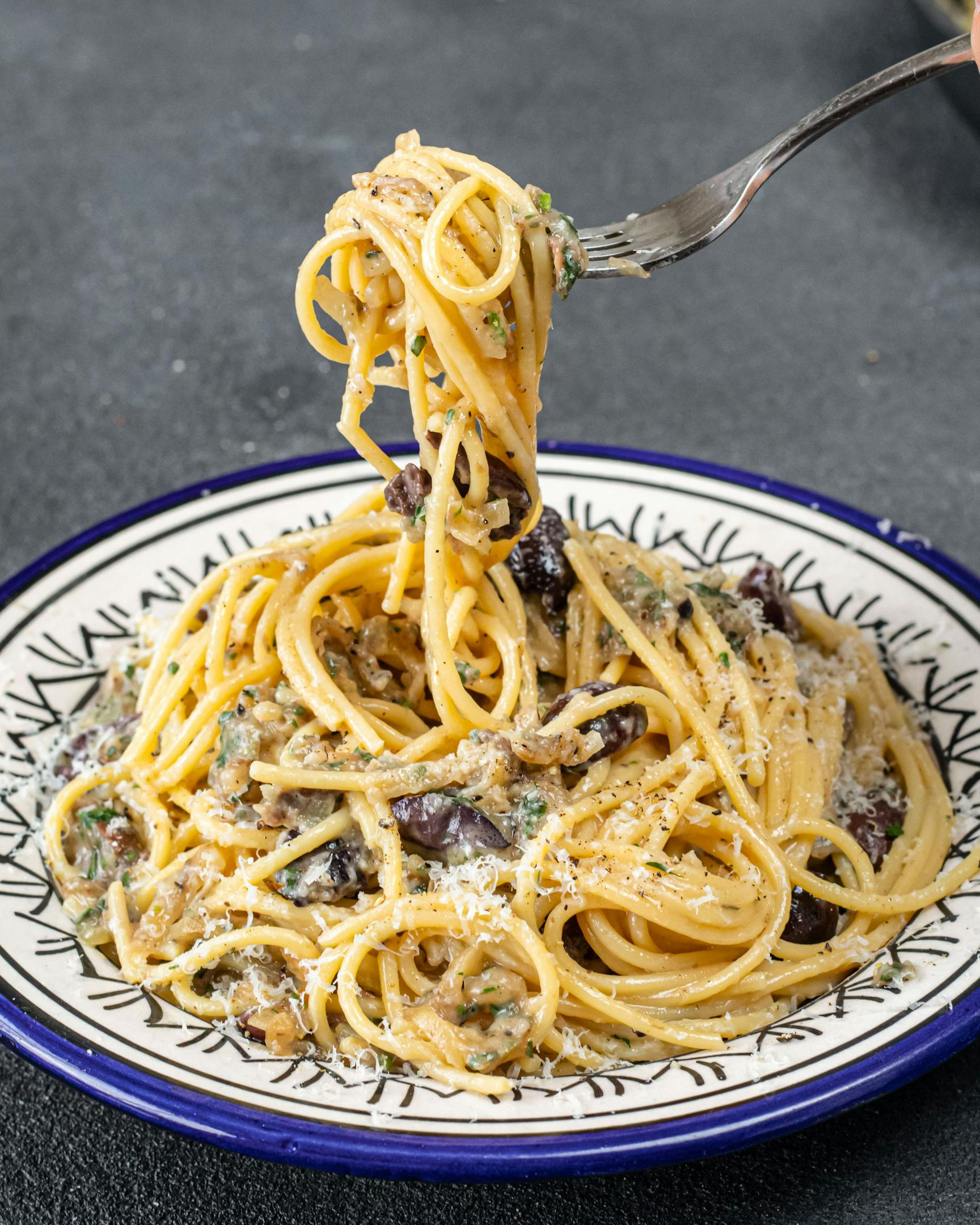 Caramelised Onion Anchovy and Olive Spaghetti