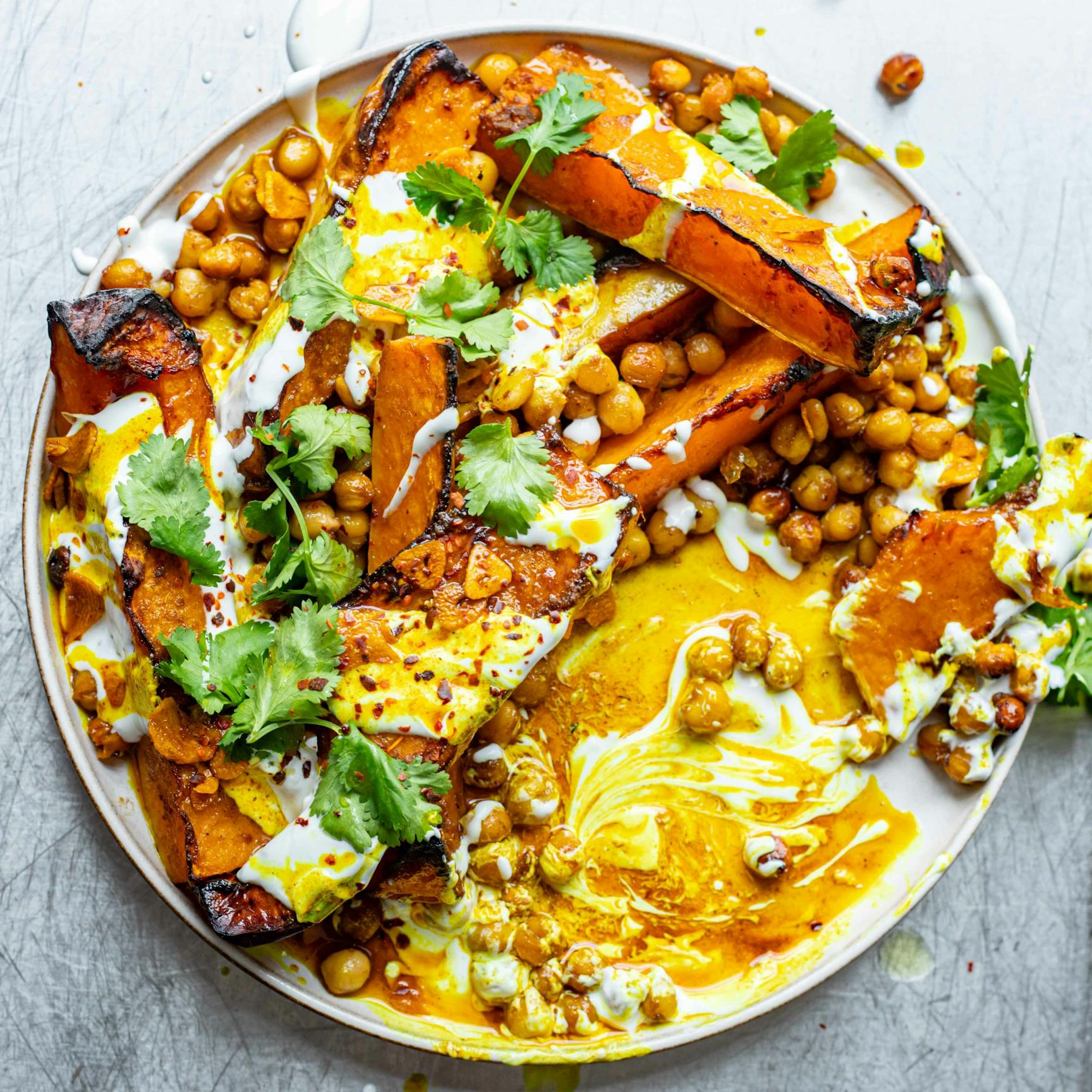 Curry Oil Squash Chickpeas With Lime Yoghurt