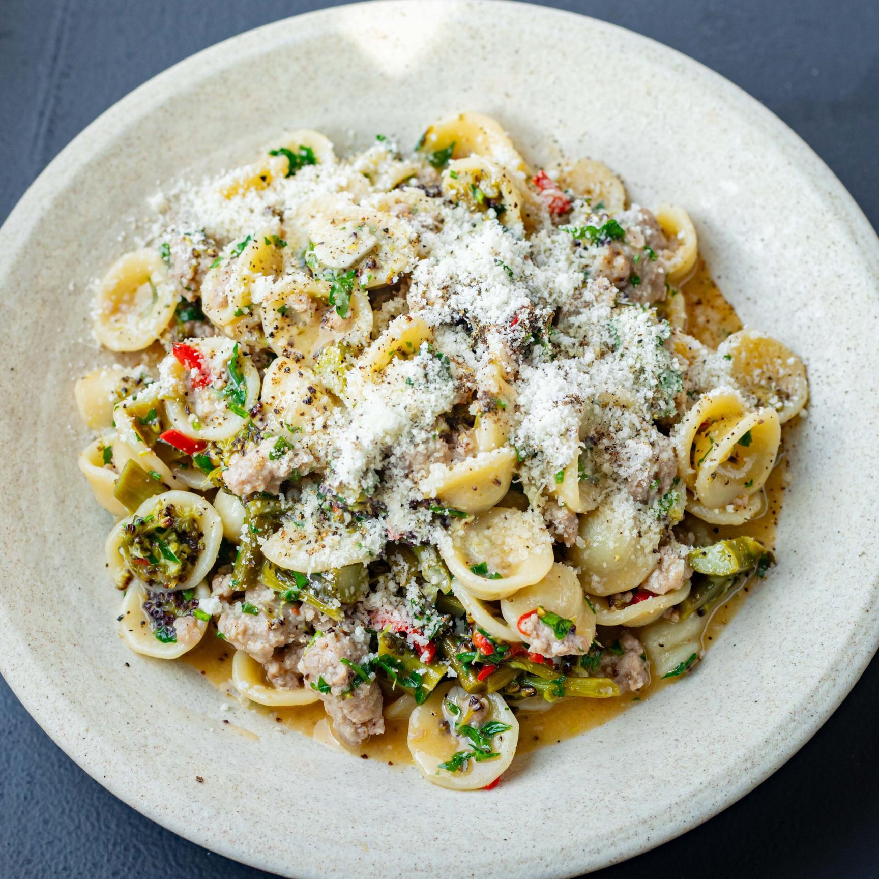 Mob — Spicy Purple Sprouting & Sausage Pasta
