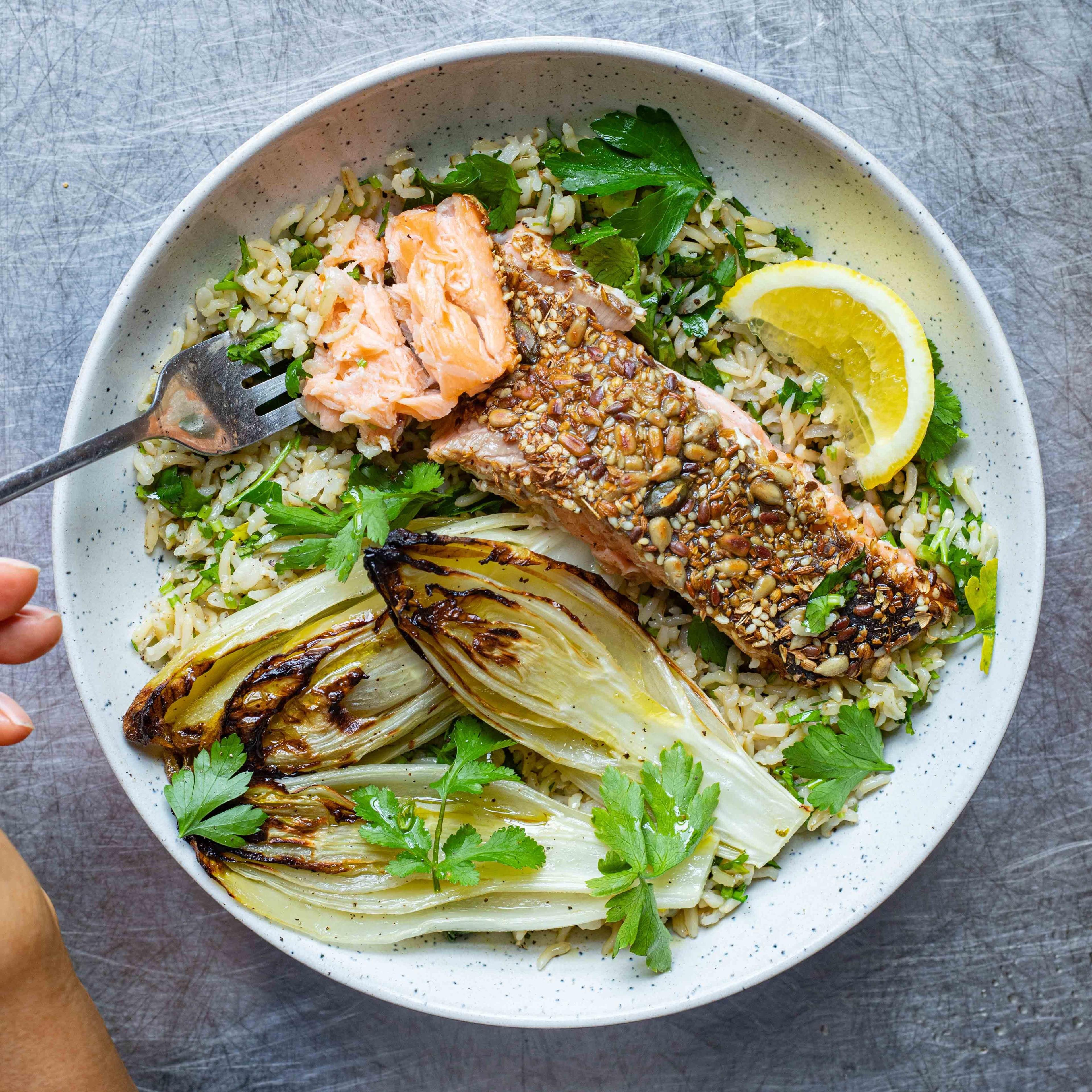 Spice Crusted Salmon With Grilled Chicory Brown Rice
