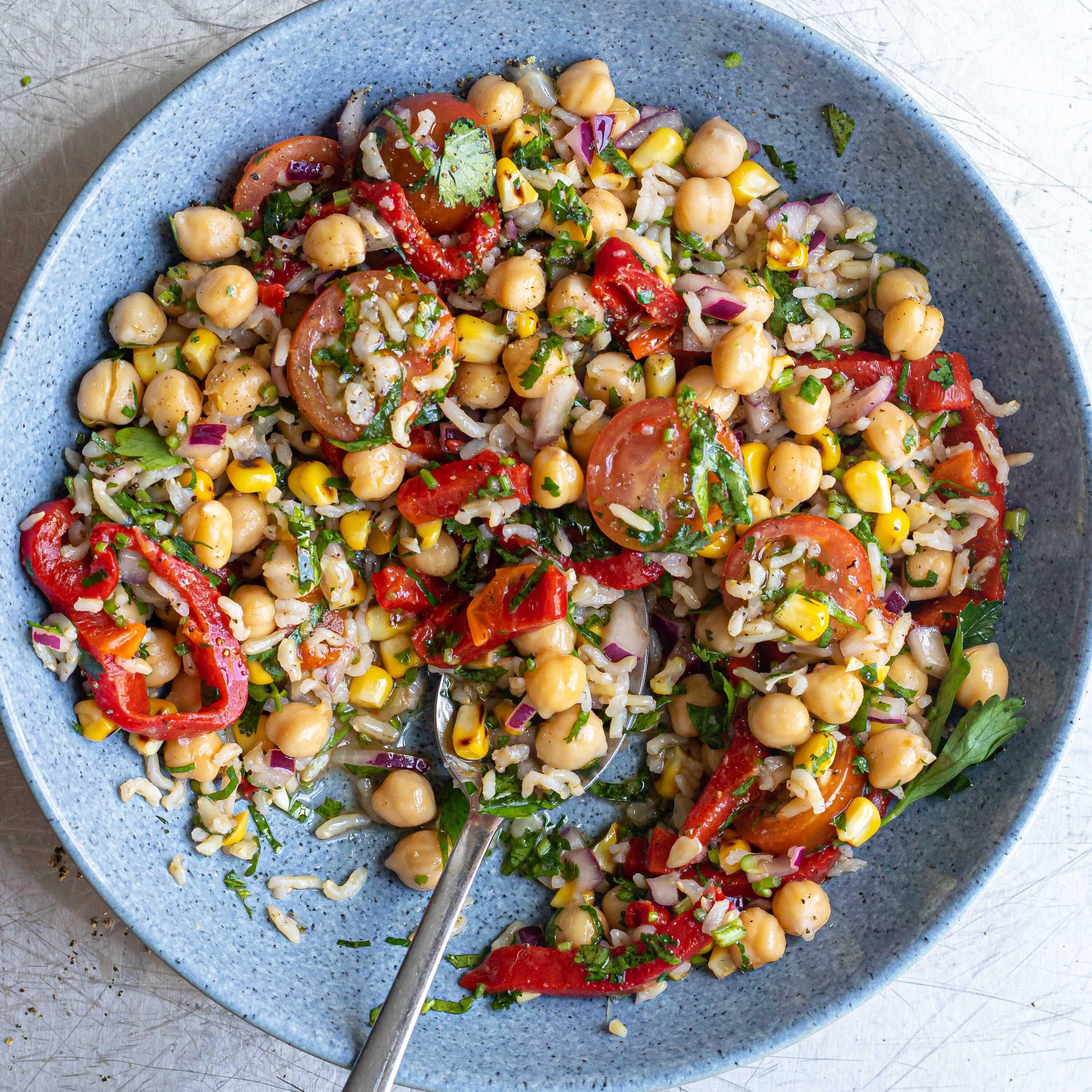 Chickpea Charred Corn Roasted Red Pepper Salad