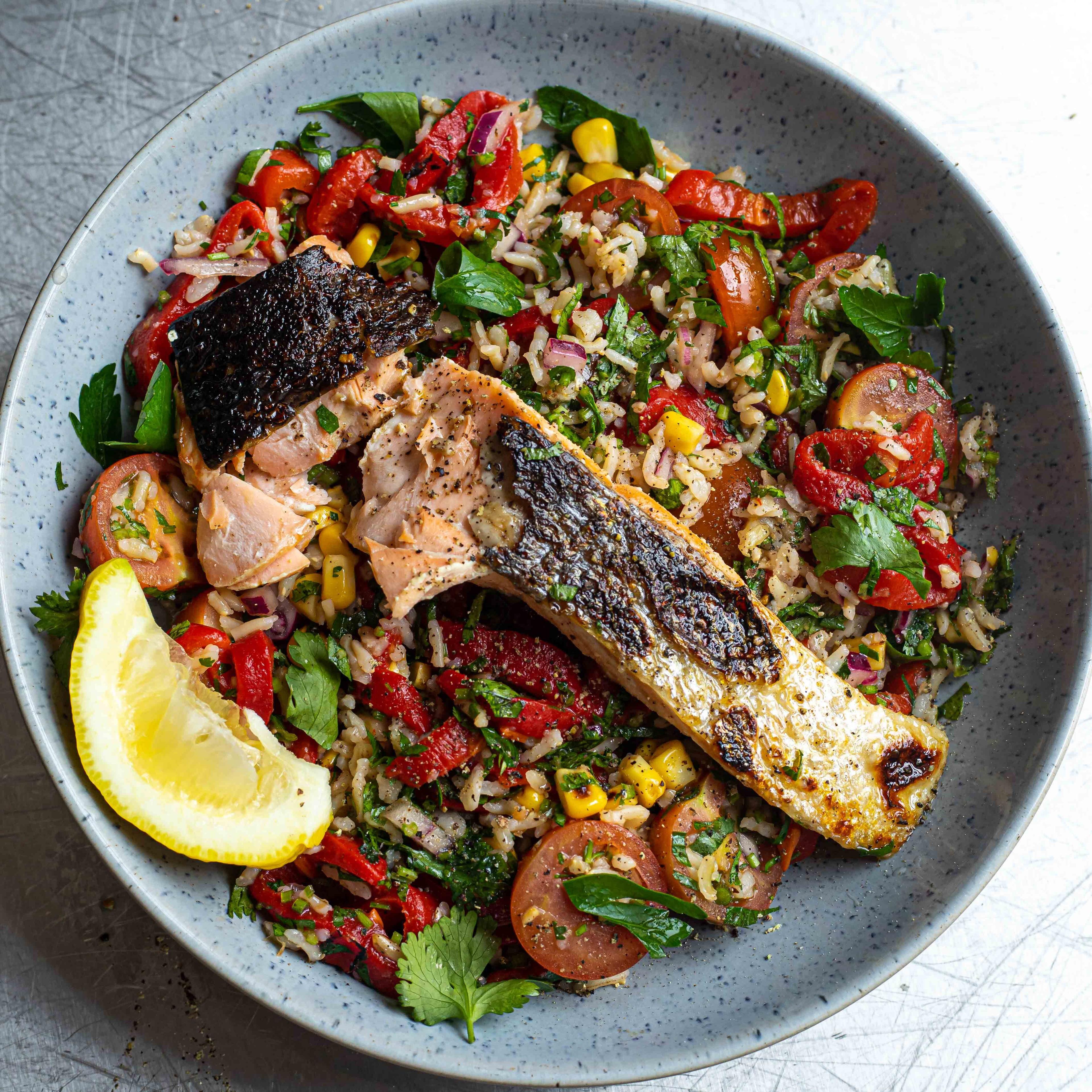Salmon With Corn Roasted Red Pepper Salad