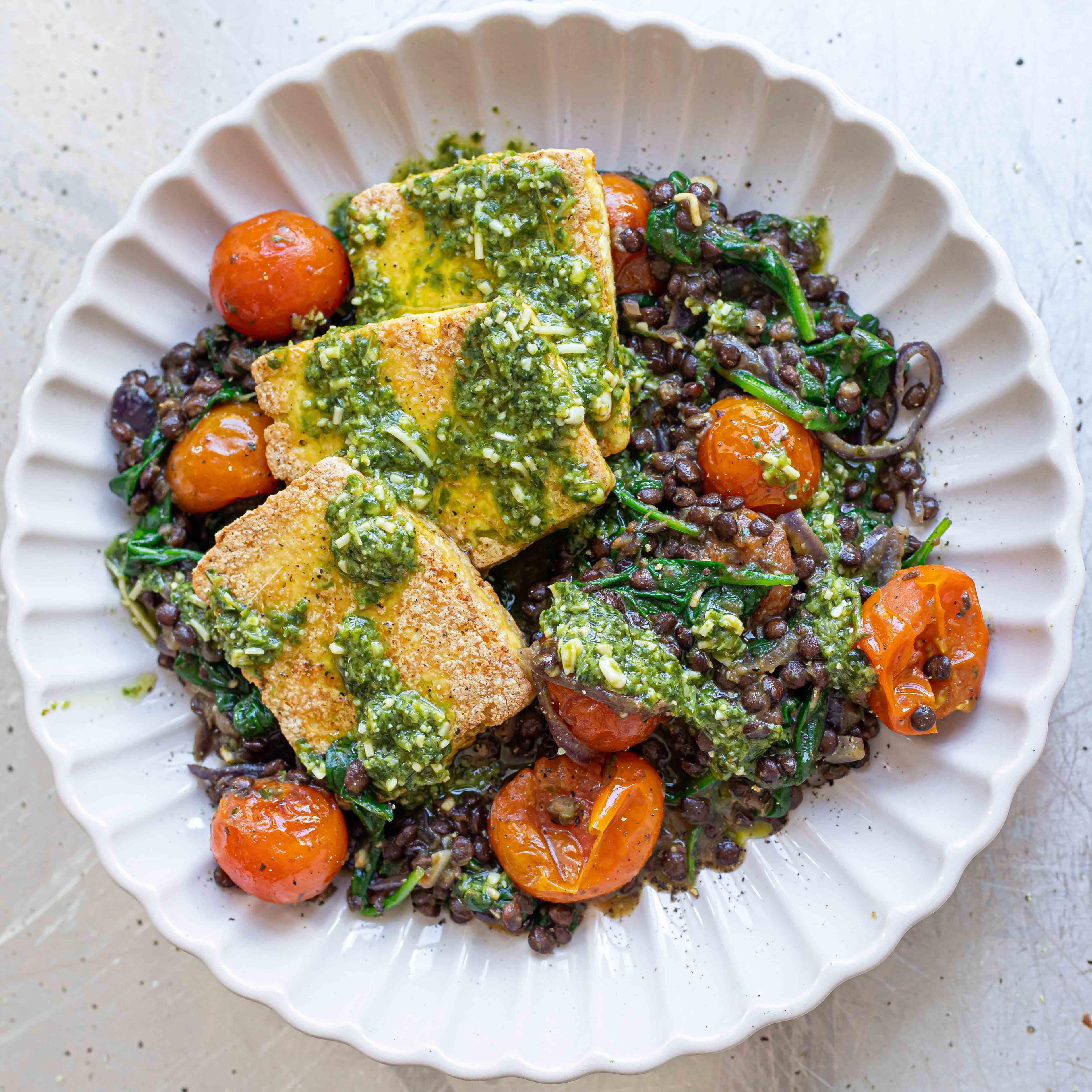 Tofu With Blistered Tomato Pesto Lentils