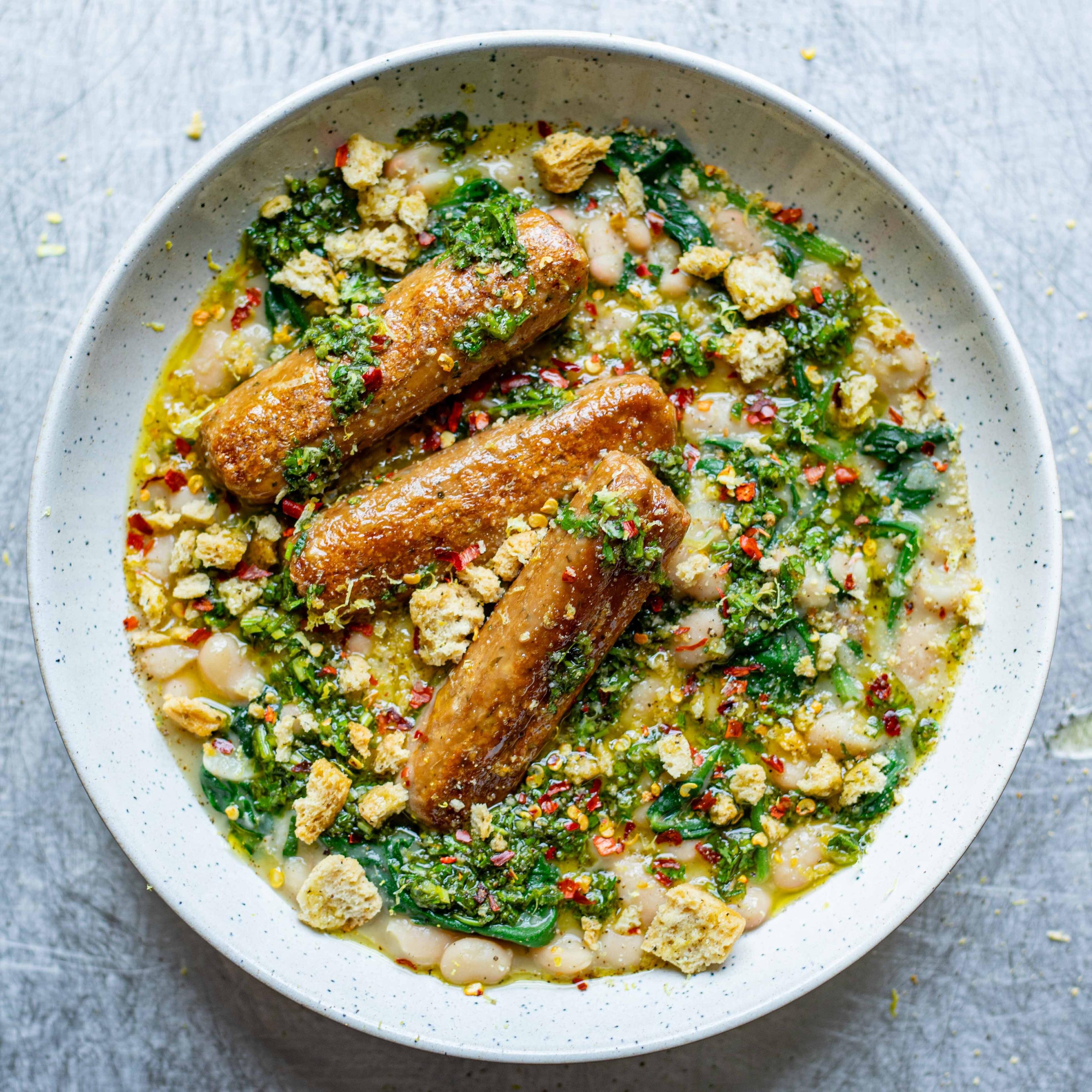 Roasted Garlic Beans Quorn Sausages With Salmoriglio