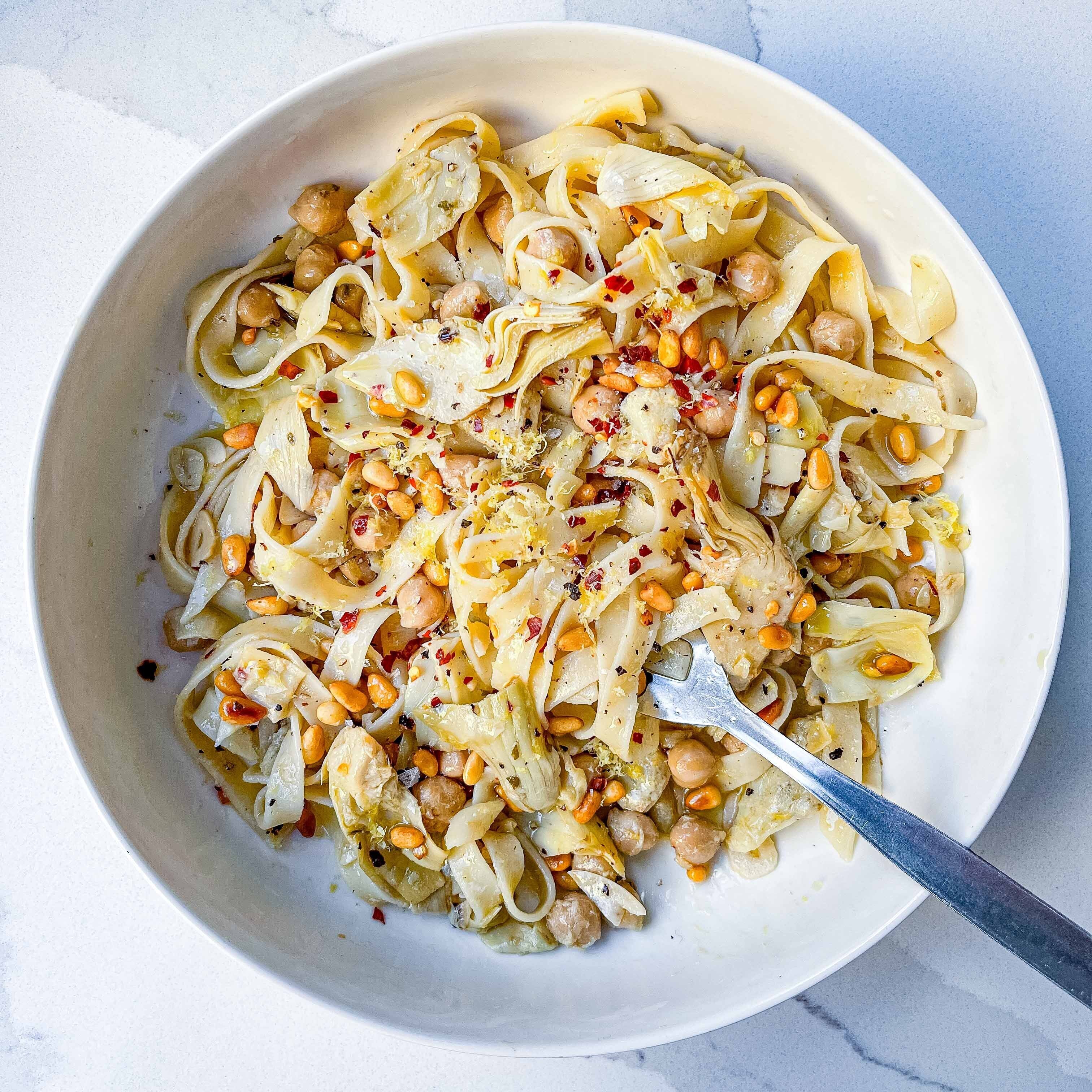Garlicky Artichoke Chickpea Tagliatelle