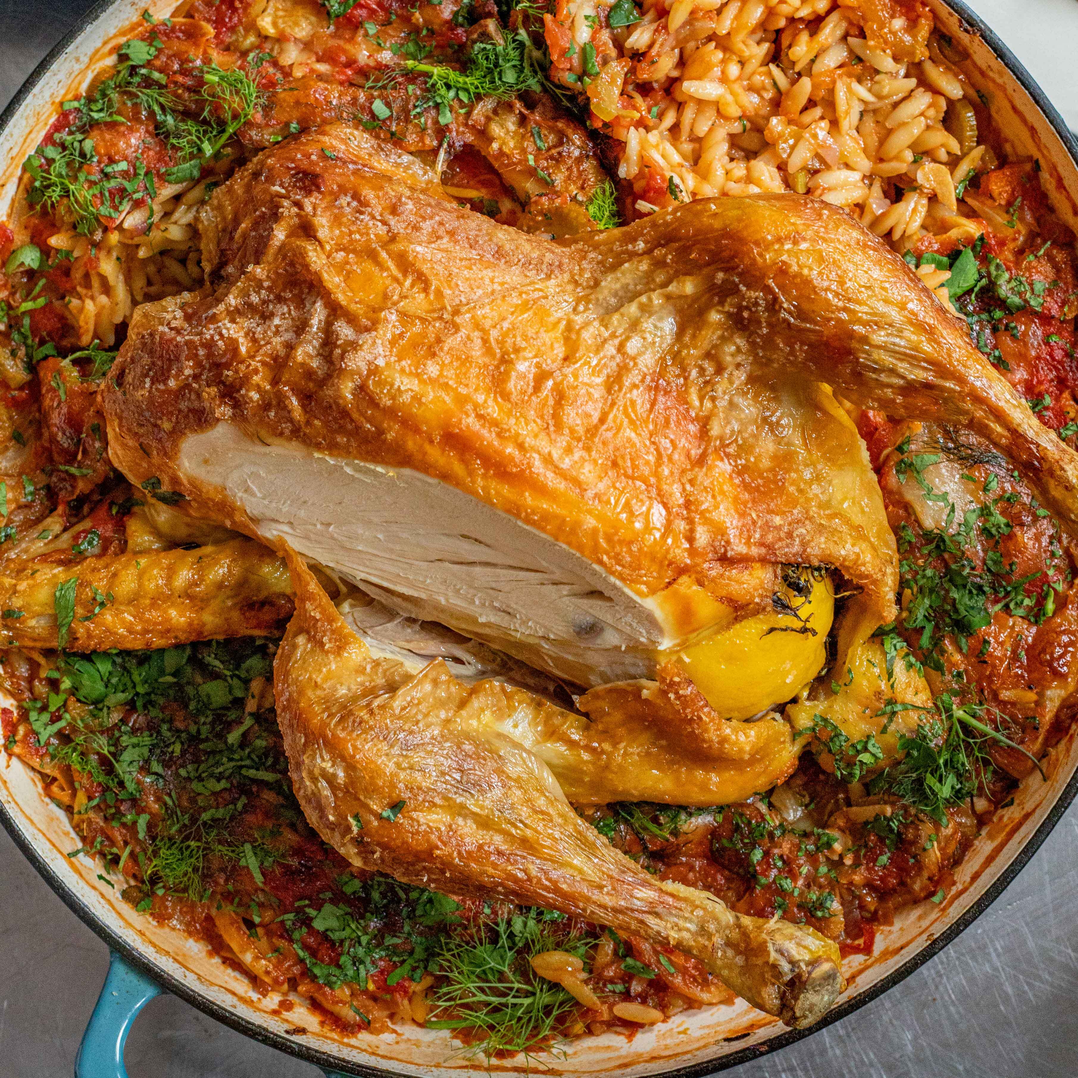 Roast Chicken with Fennel Tomato Orzo