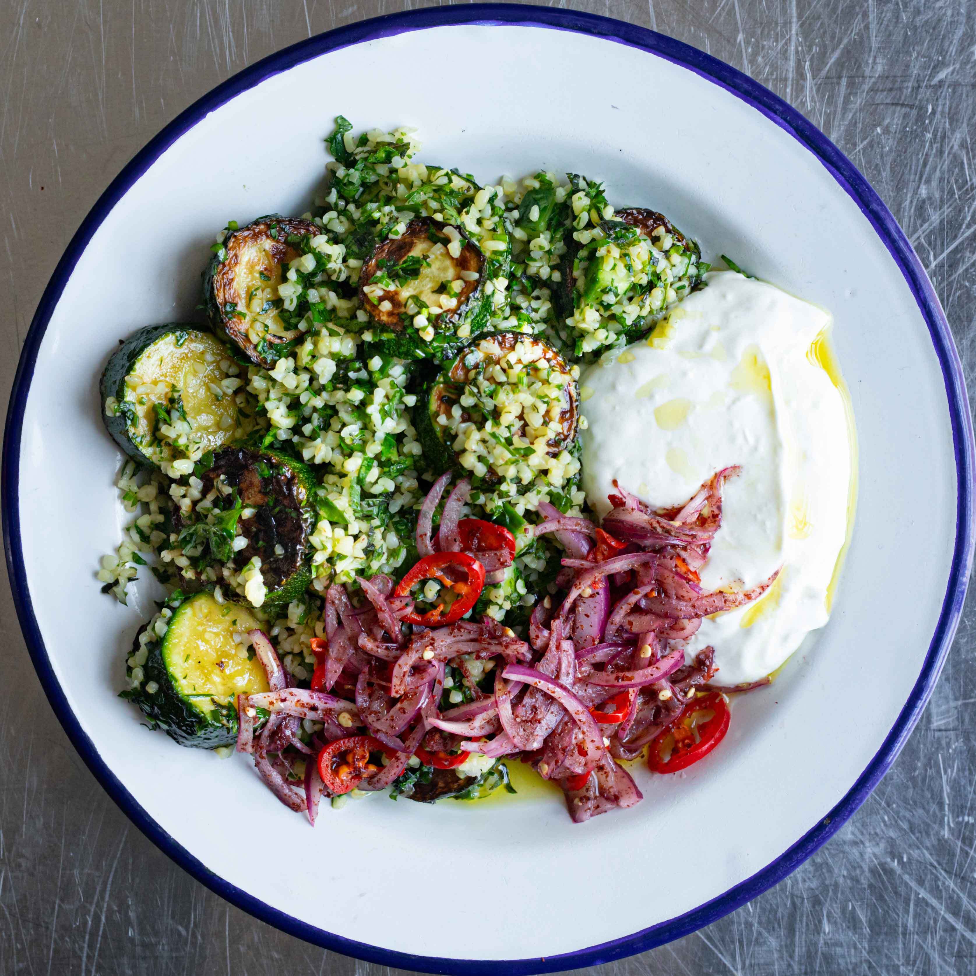 Blistered Courgettes with Minty Bulgur