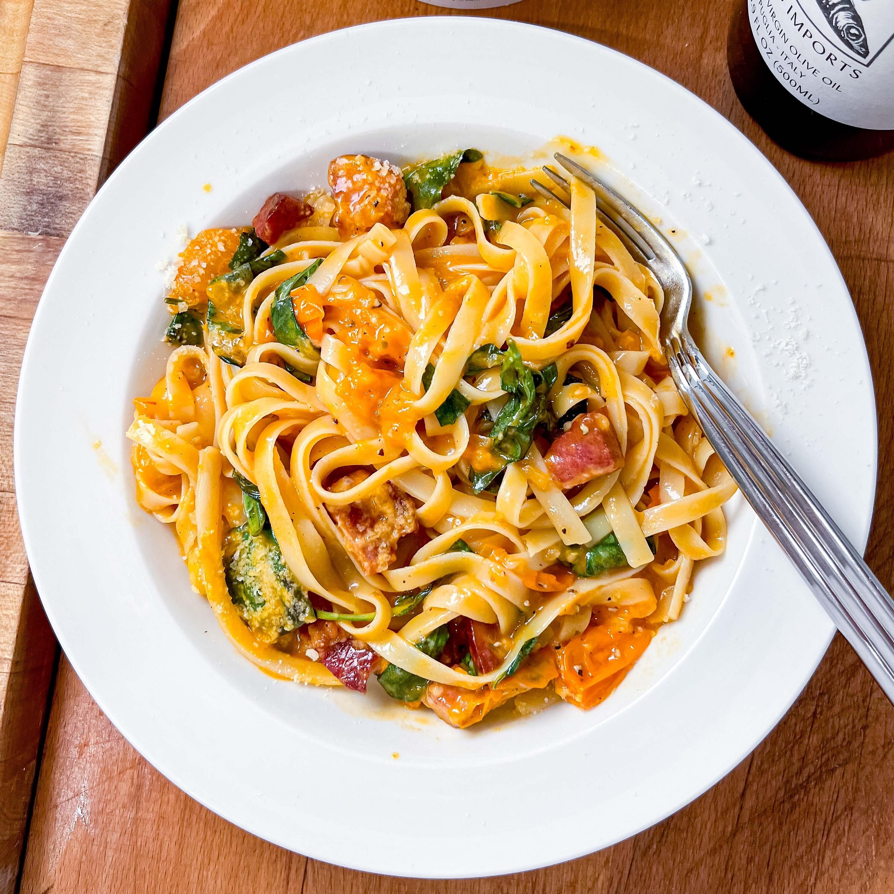 Cherry Tomato Pasta with Bacon Basil Crème Fraîche