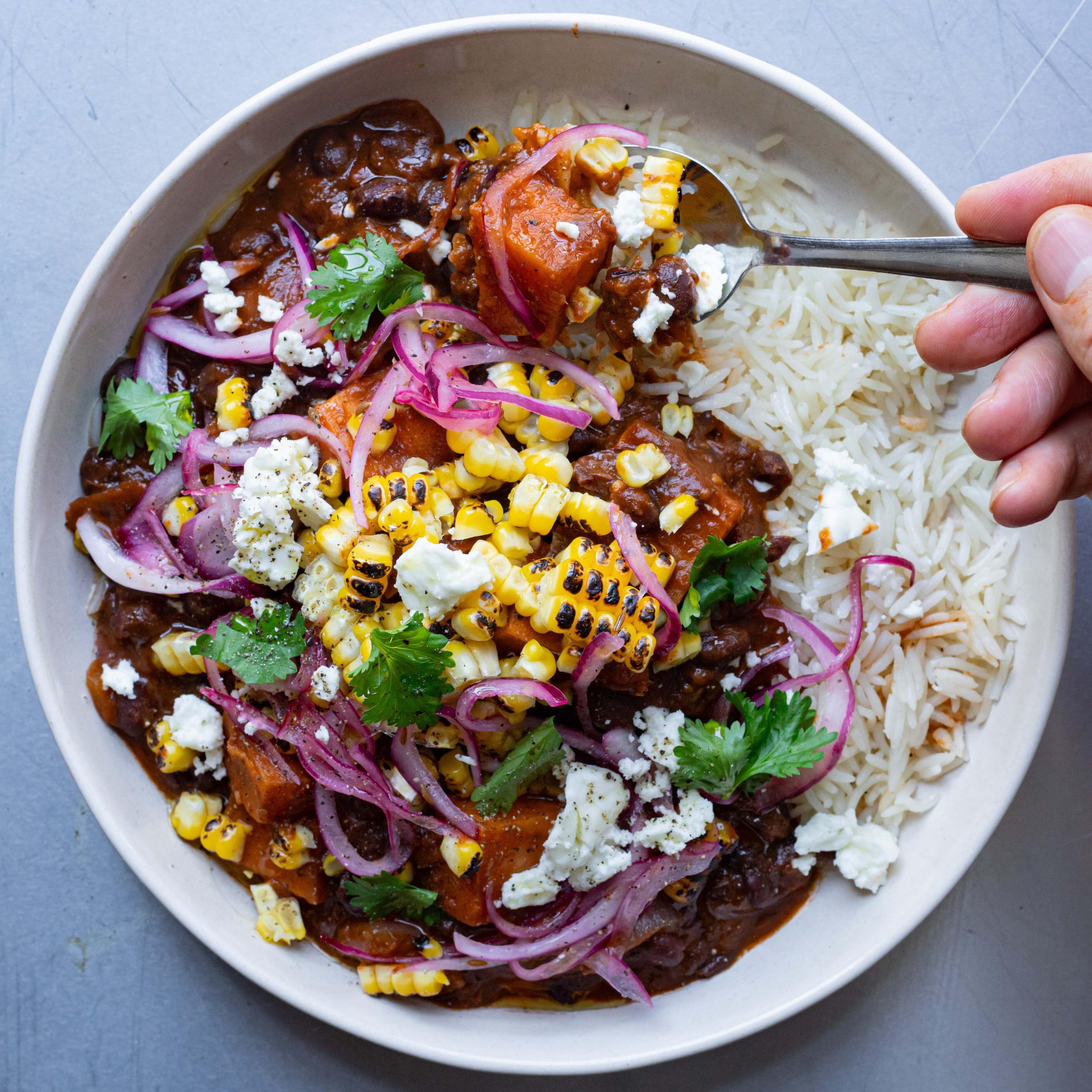 Charred Sweetcorn Sweet Potato Feta Black Bean Chilli Recipe