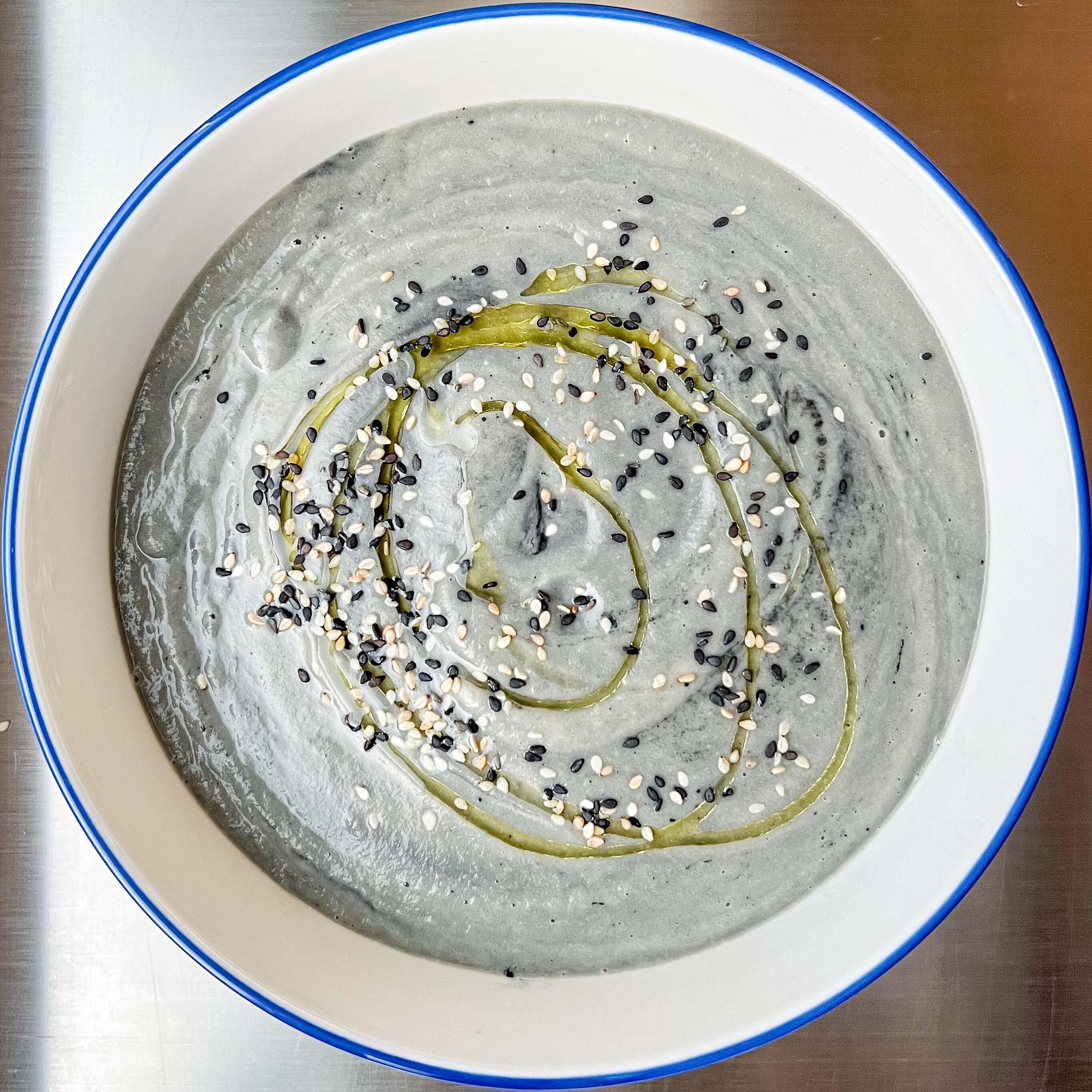 Coconut Ginger Celeriac Soup with Activated Charcoal
