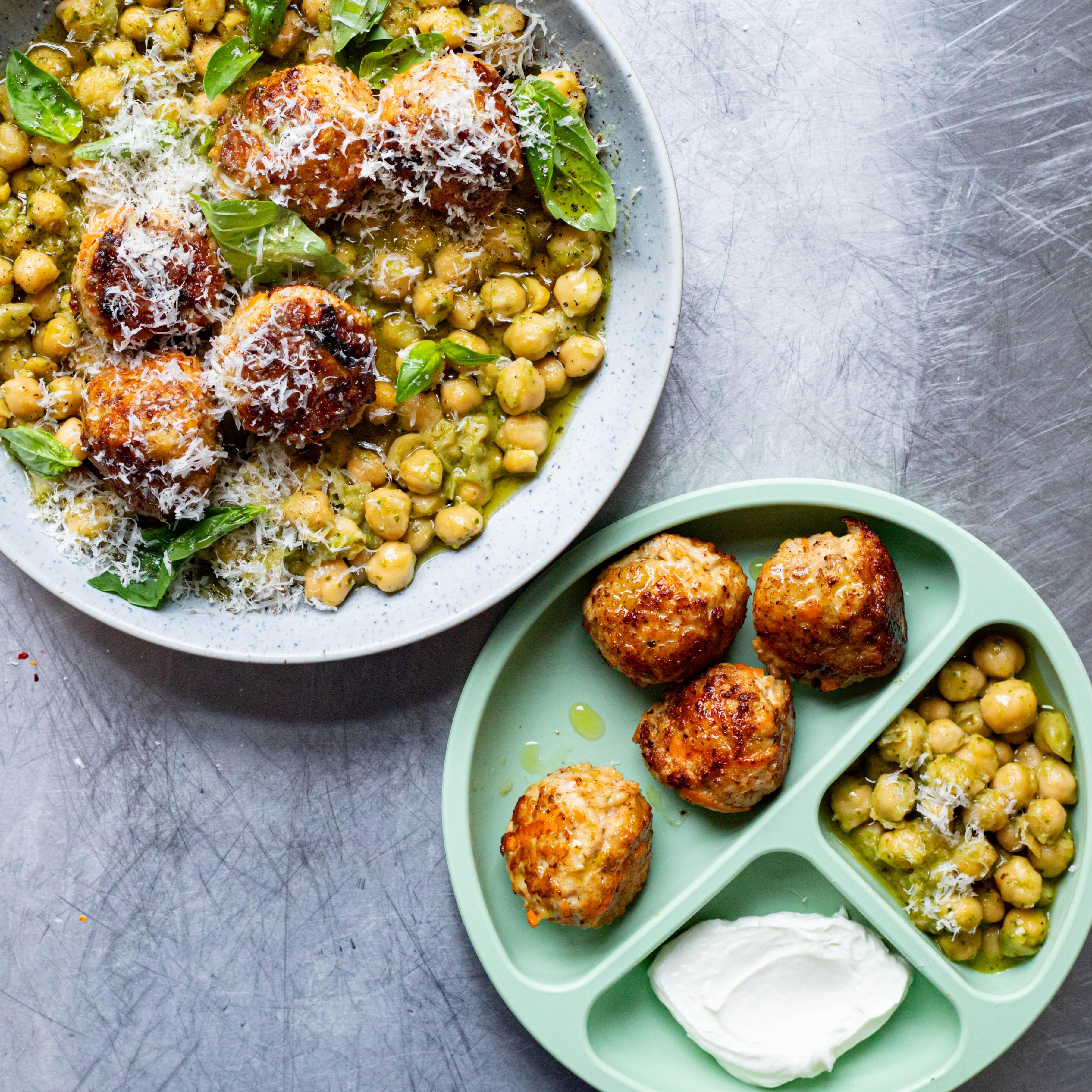 Chicken meatballs pesto and chickpeas