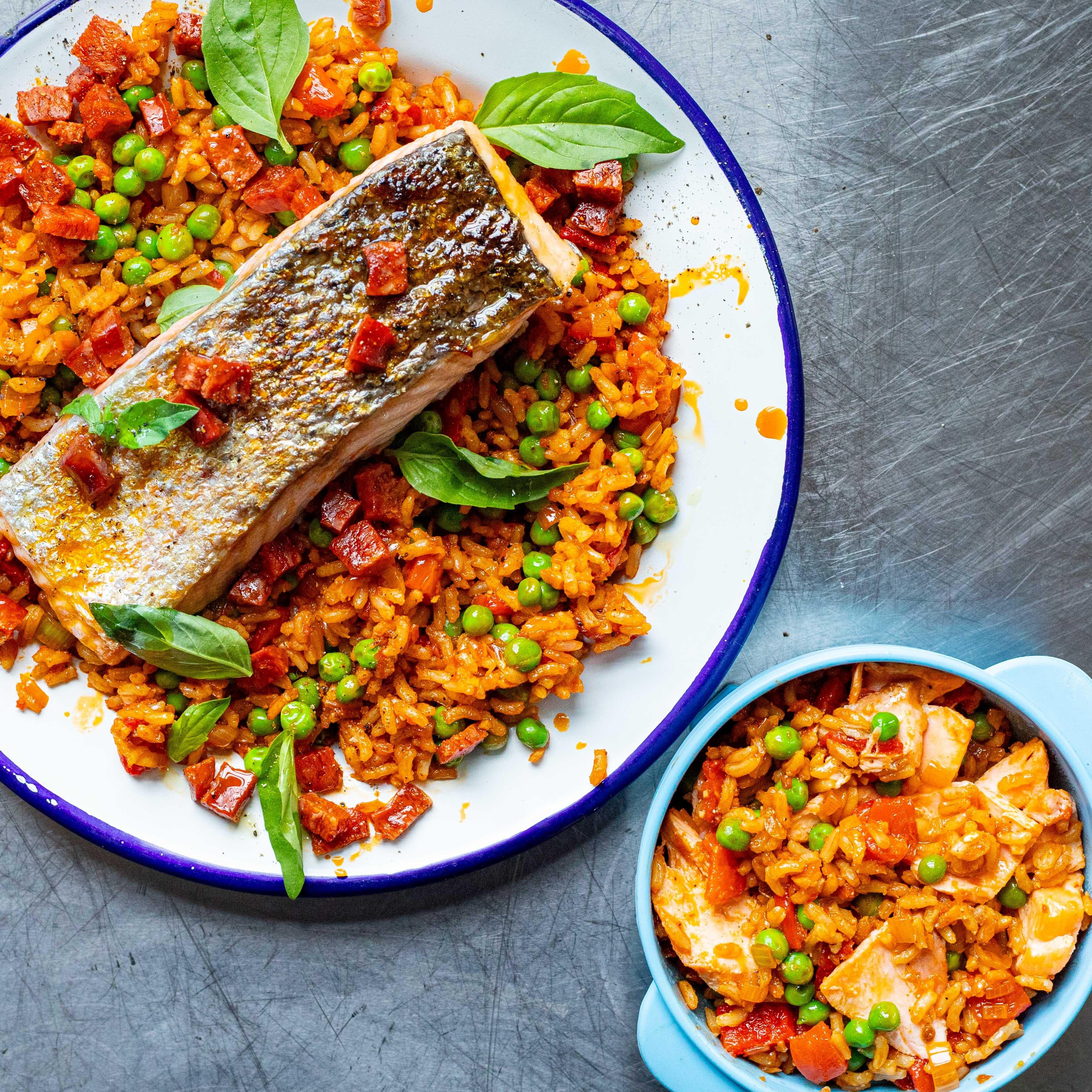 Paprika Salmon with Brown Rice Spicy Chorizo Dressing