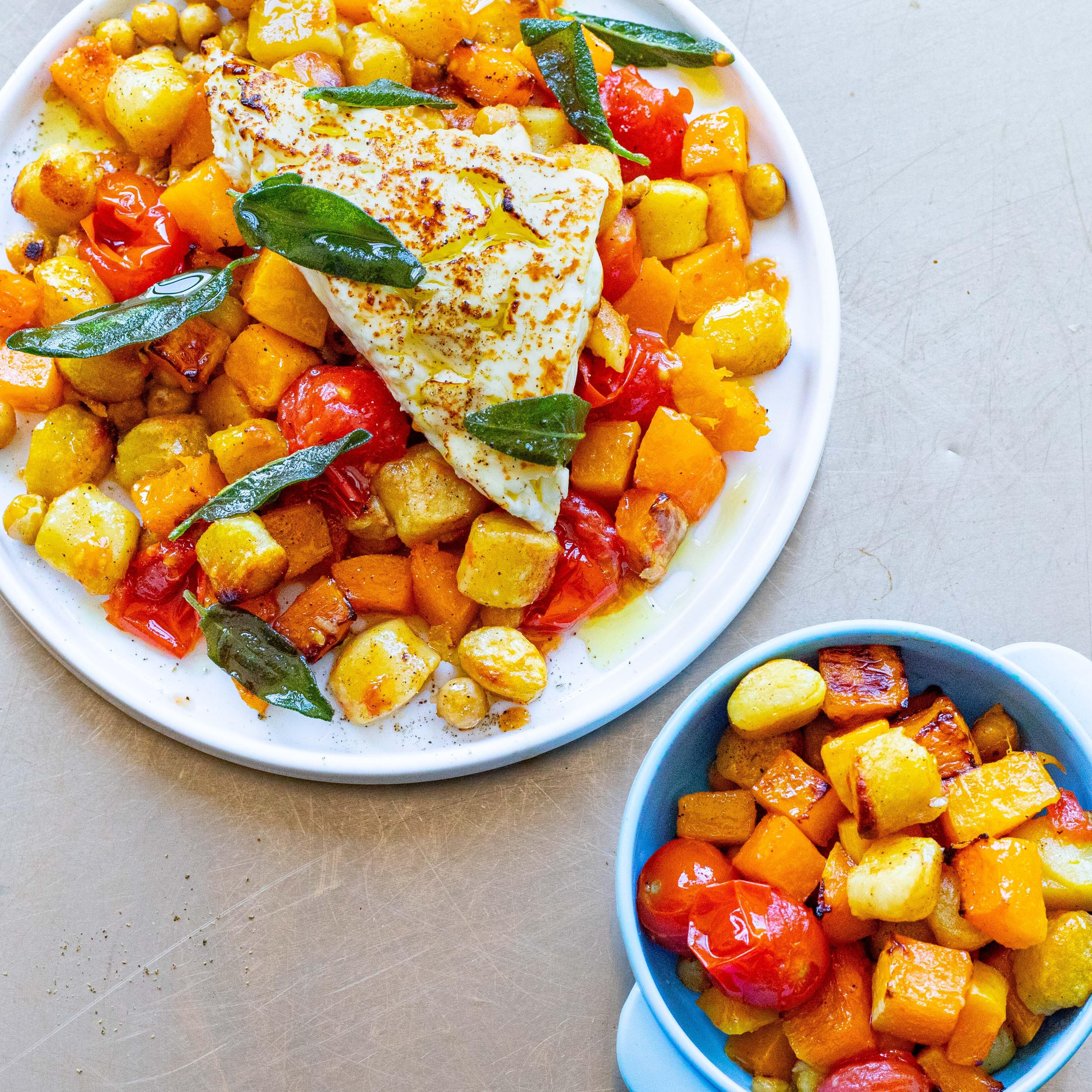 Tomatey Squash Chickpea Feta Gnocchi