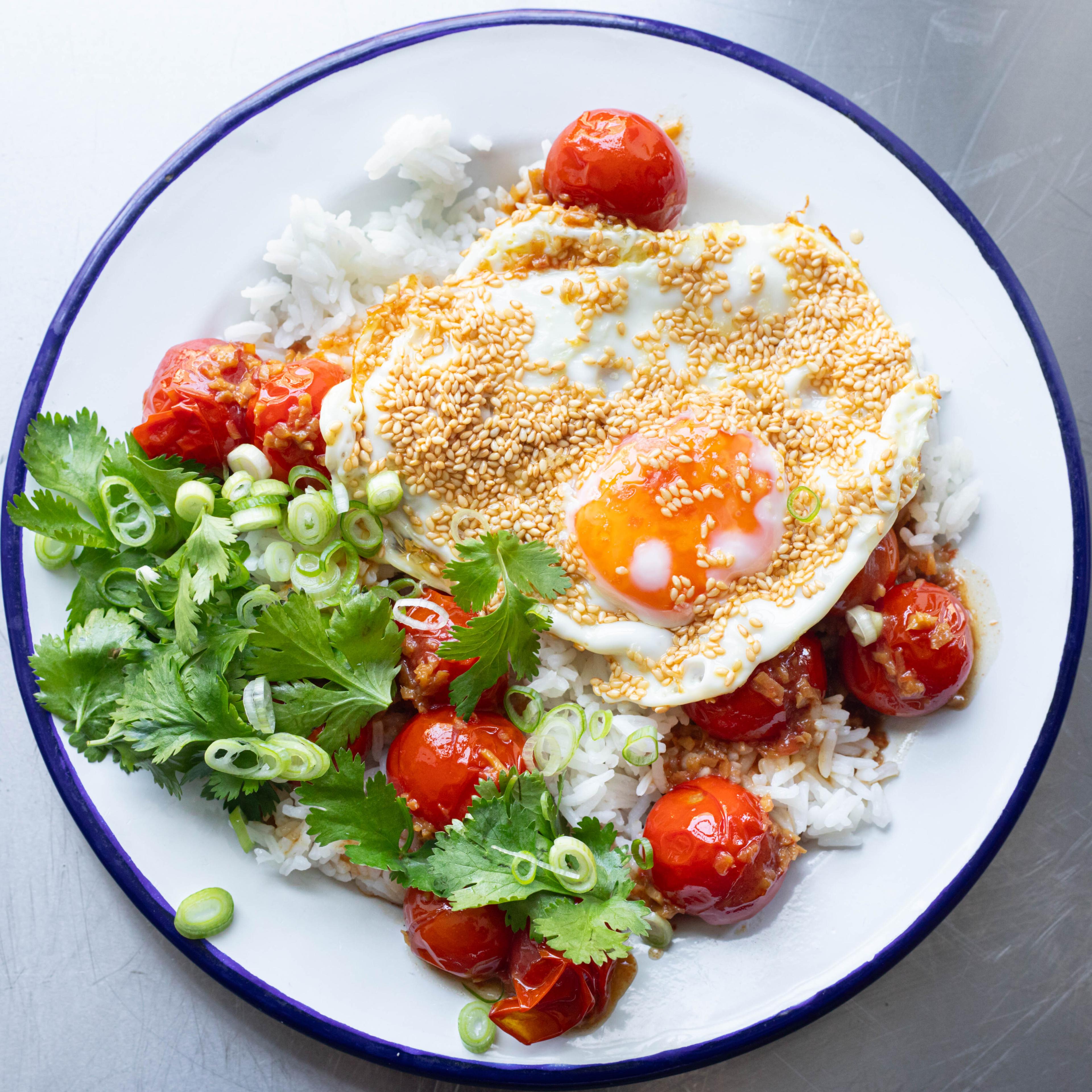 Burst Soy Butter Tomatoes with Crispy Eggs Rice