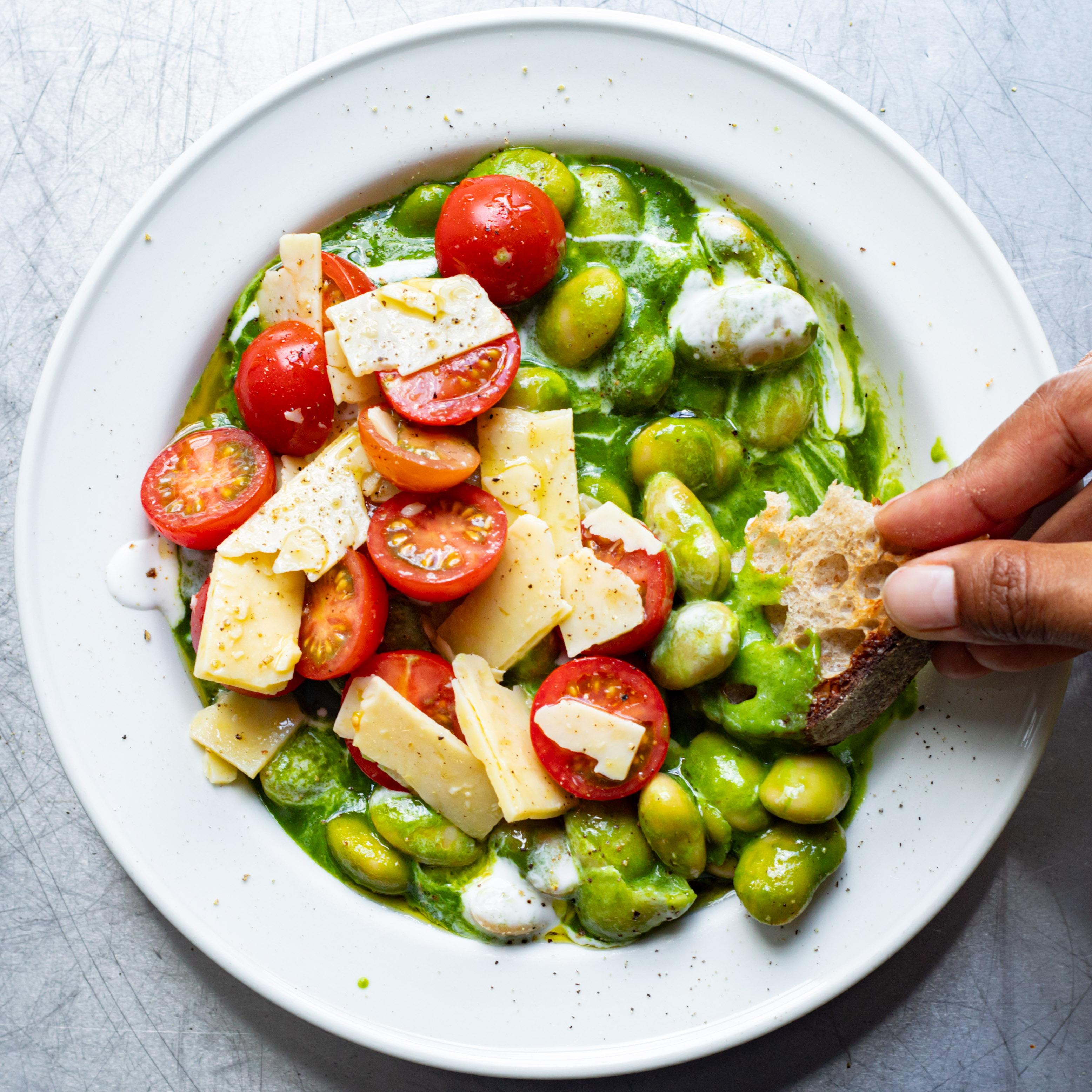 Creamy Green Beans with Tomato Cheddar Salad