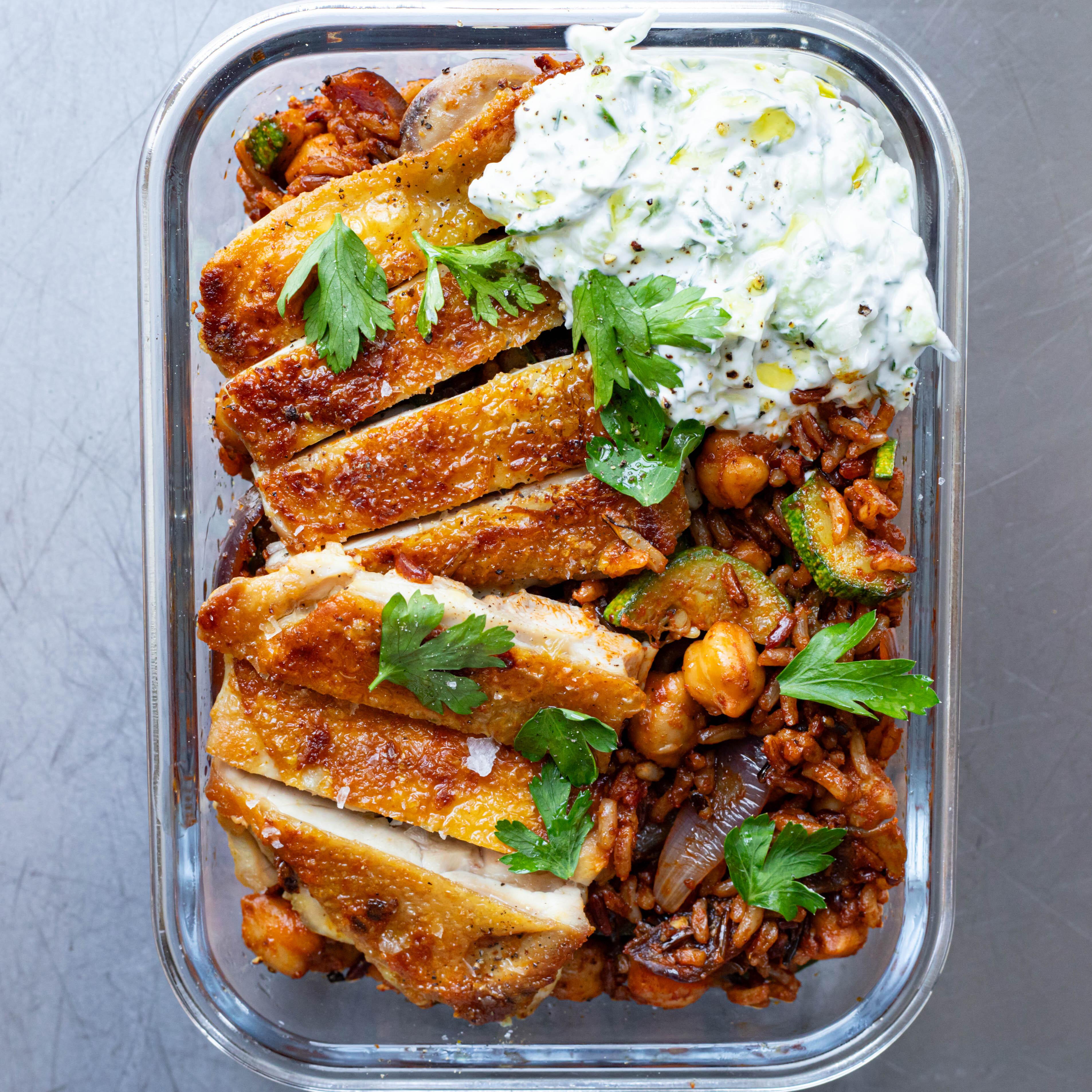 Crispy Chicken Brown Rice Chickpeas and Tzatziki