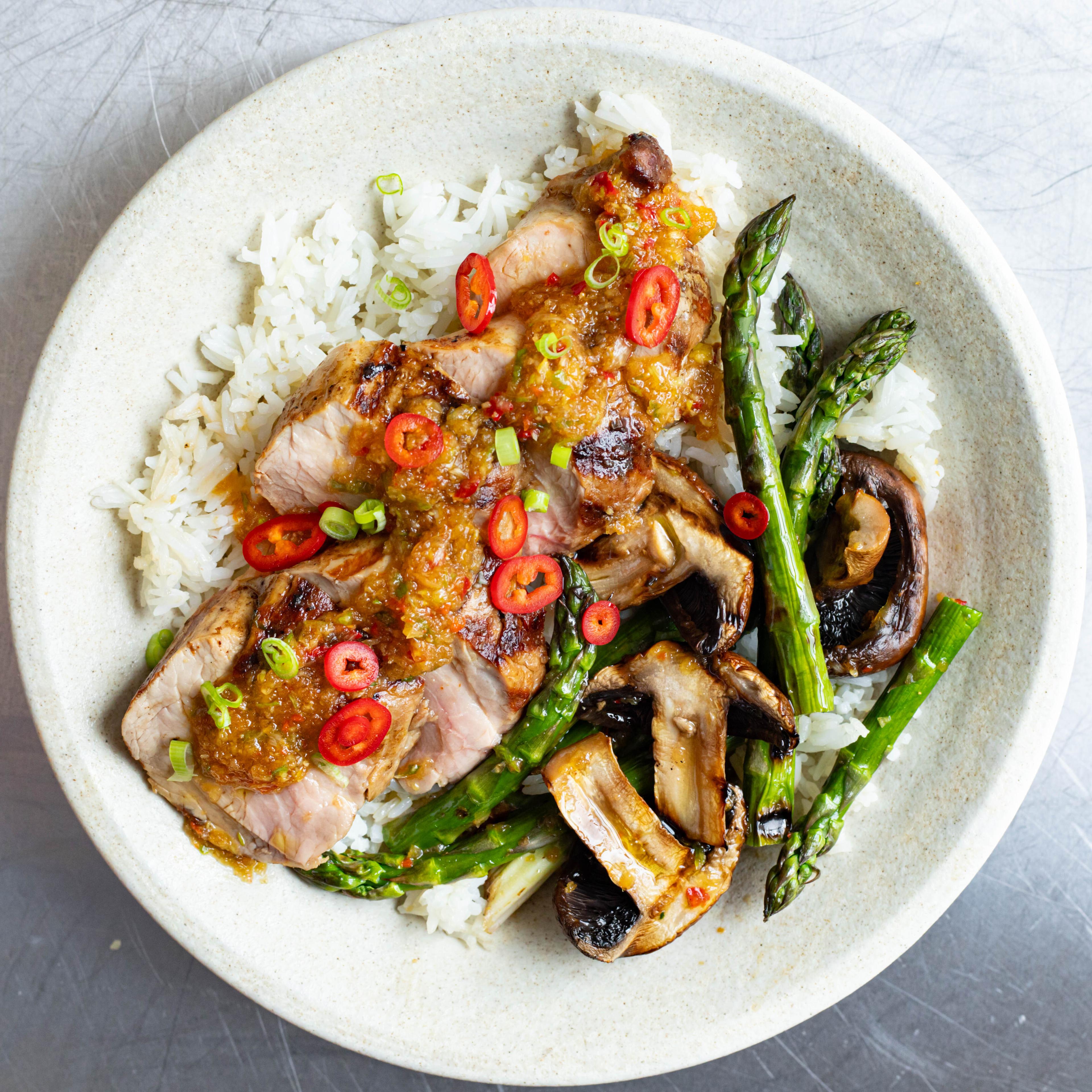 Grilled Pork with Ginger Sauce and Garlic Butter Rice