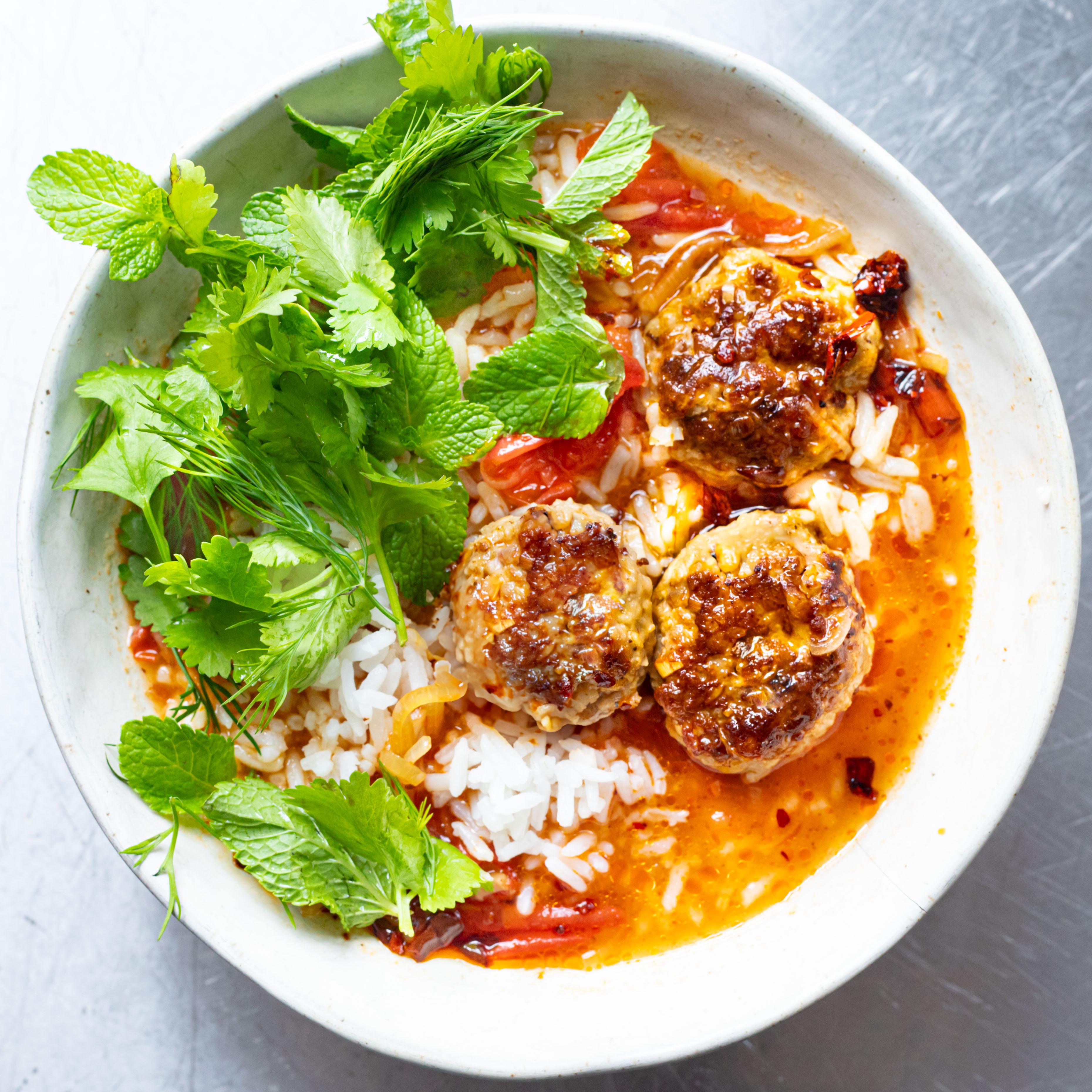 Lemongrass Pork Meatballs Tomato Brothy Rice