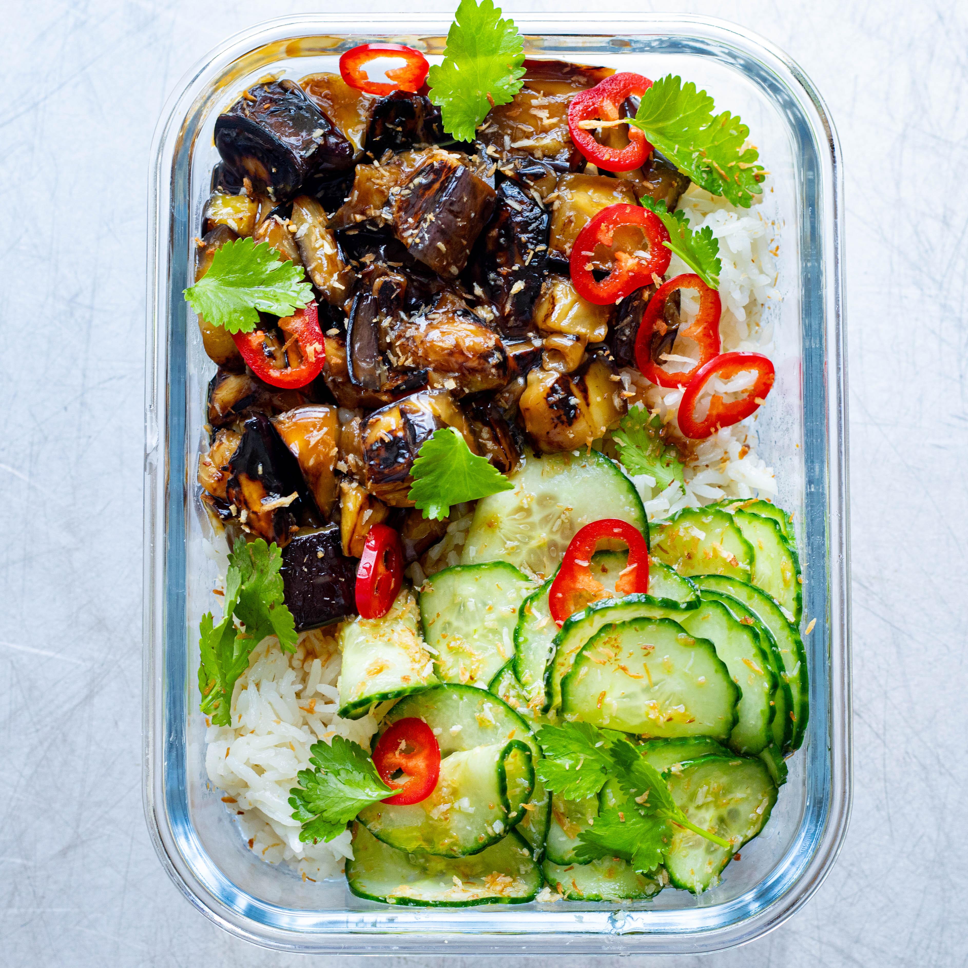 Lunch Box Caramelised Aubergines and Coconut Cucumber Salad