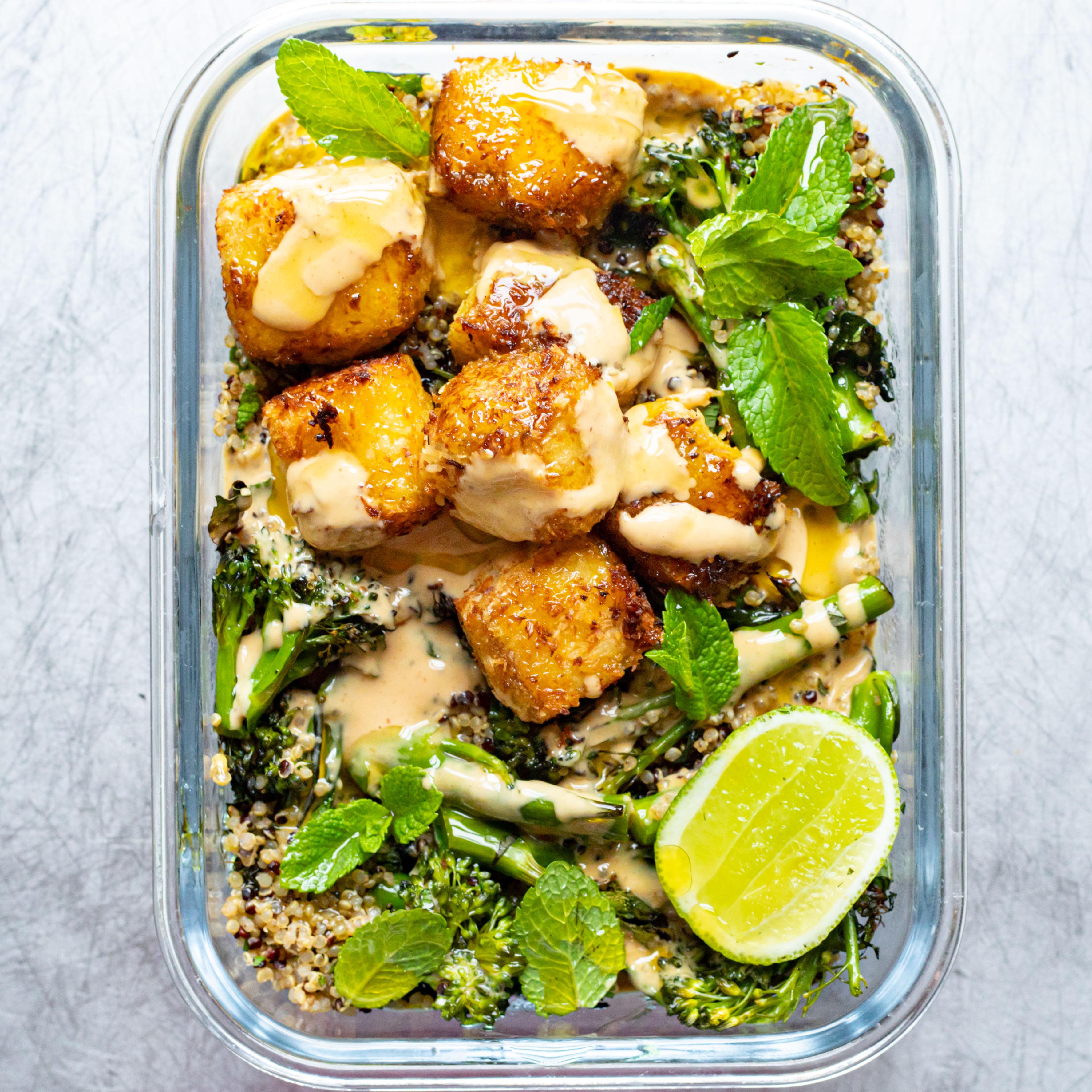Lunch Box Coconutty Air Fryer Tofu Quinoa Salad with Peanut Dressing