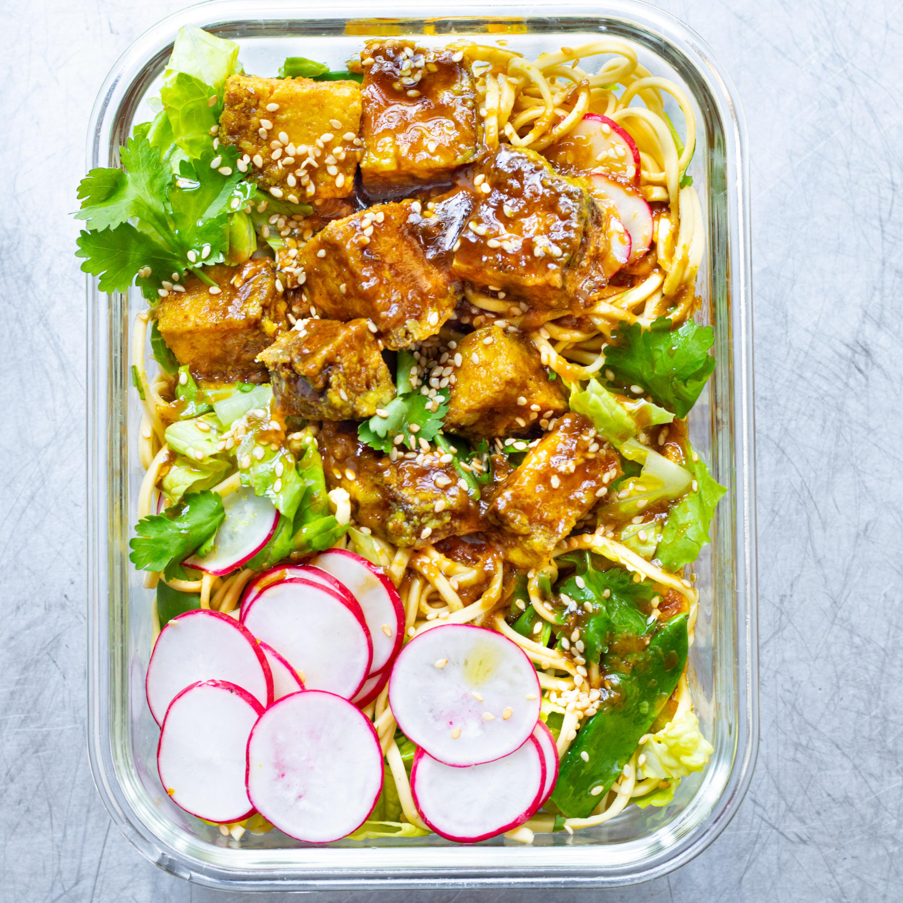 Lunch Box Crispy Tofu Noodle Salad with Wasabi Vinaigrette