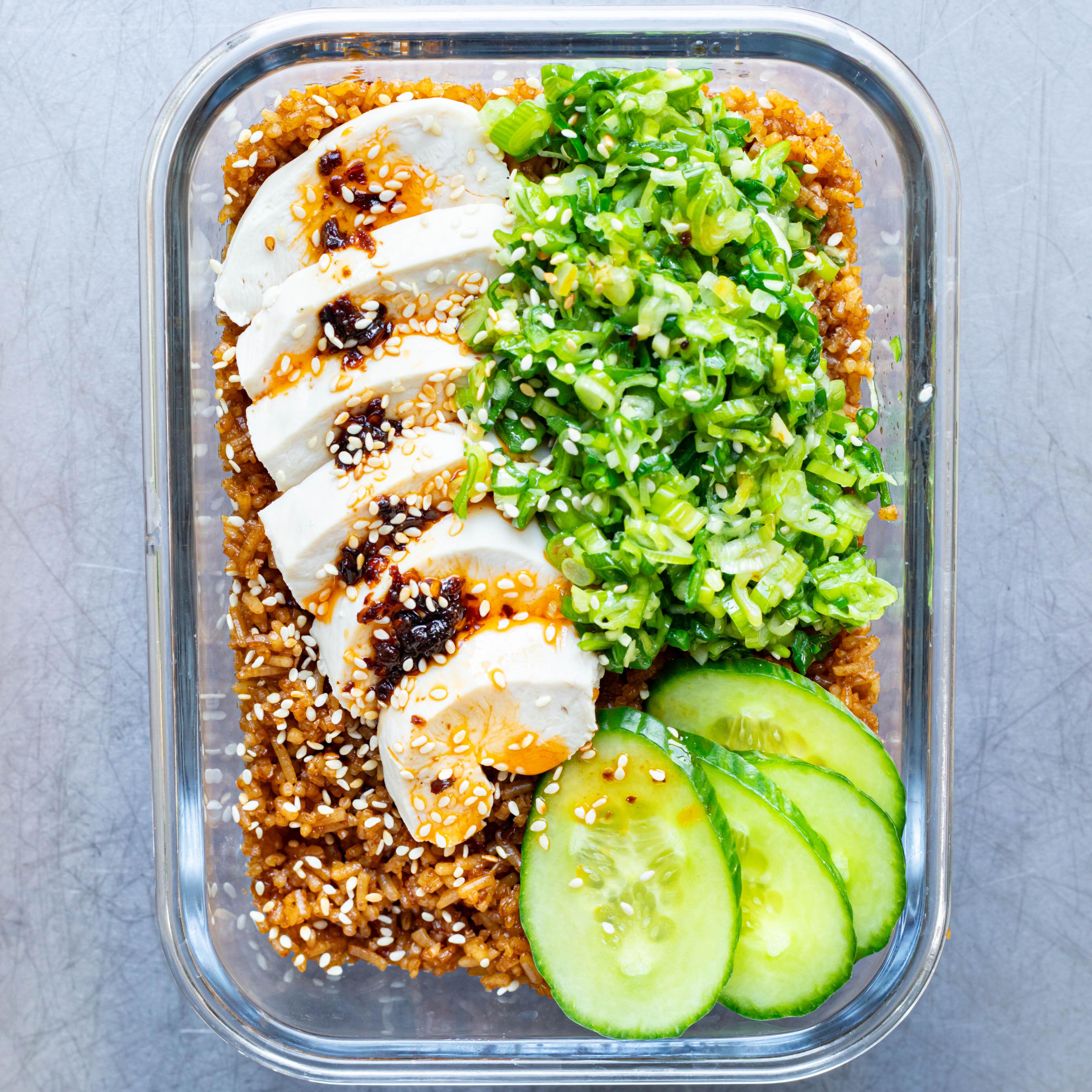 Lunch Box Poached Chicken Breast Garlic Rice Spring Onion Sauce