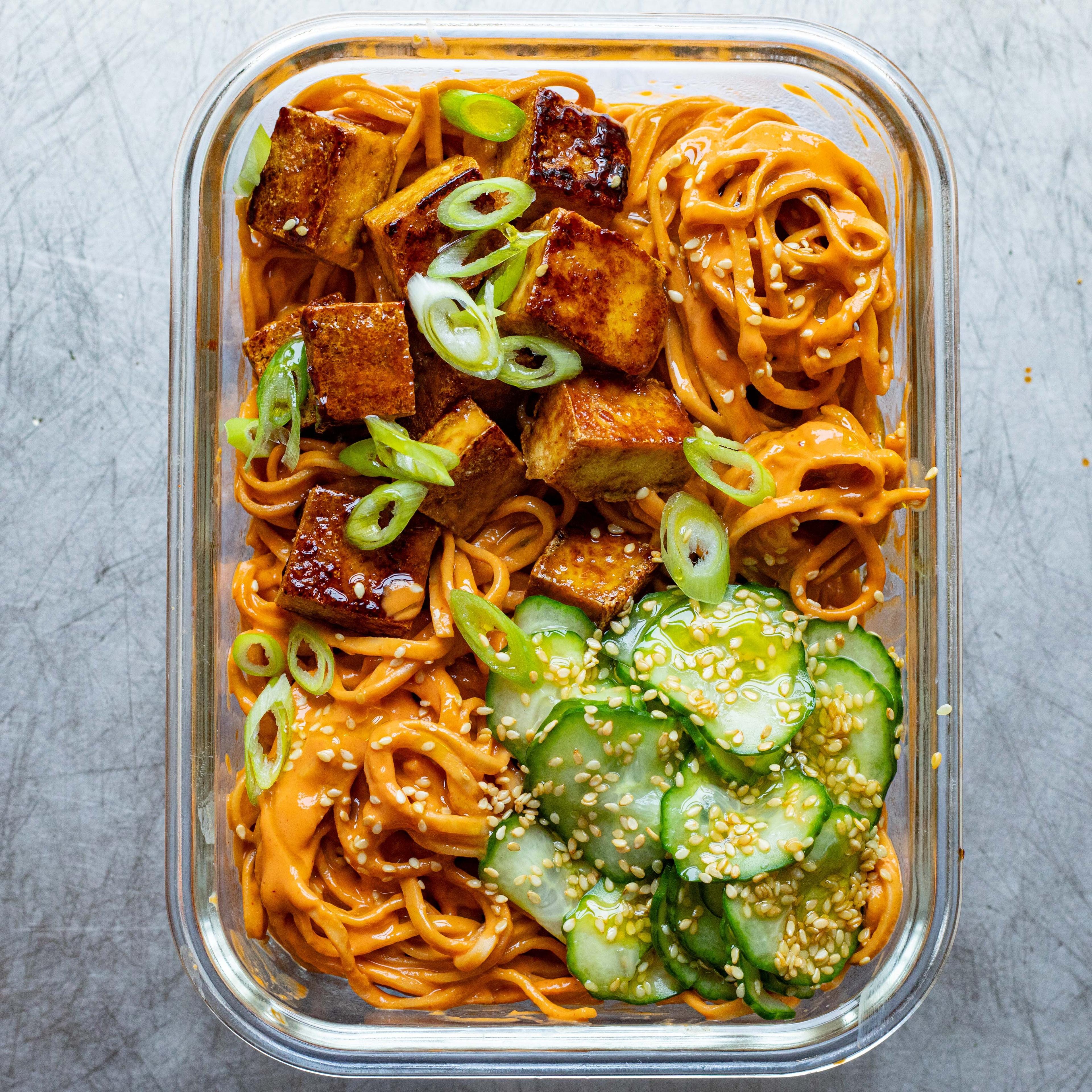 Lunch Box Saucy Tomatoey Gochujang Noodles with Cucumber Salad