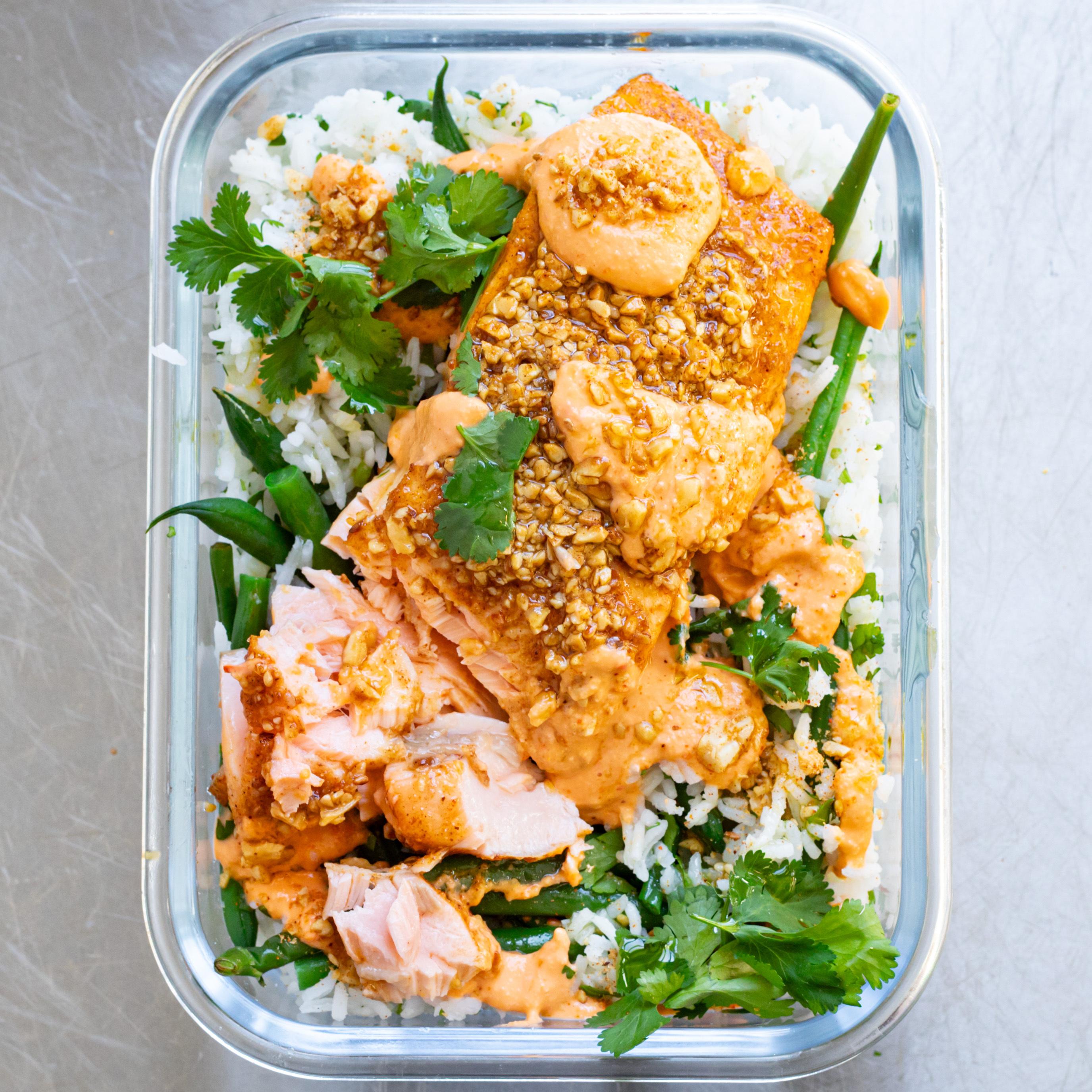 Lunch Box Spicy Peanut Air Fryer Salmon Bowl