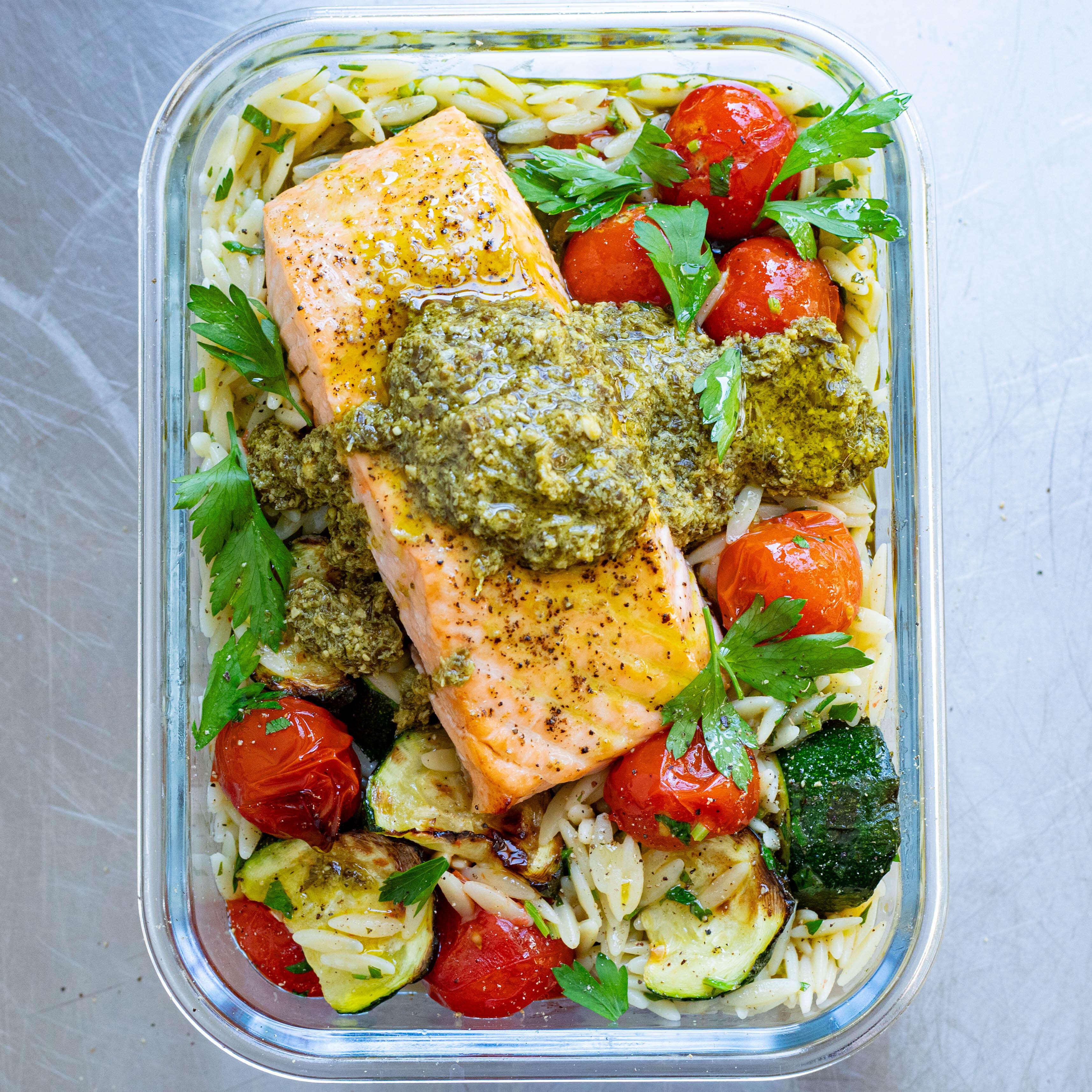 Lunch Box Pesto Salmon Orzo Salad