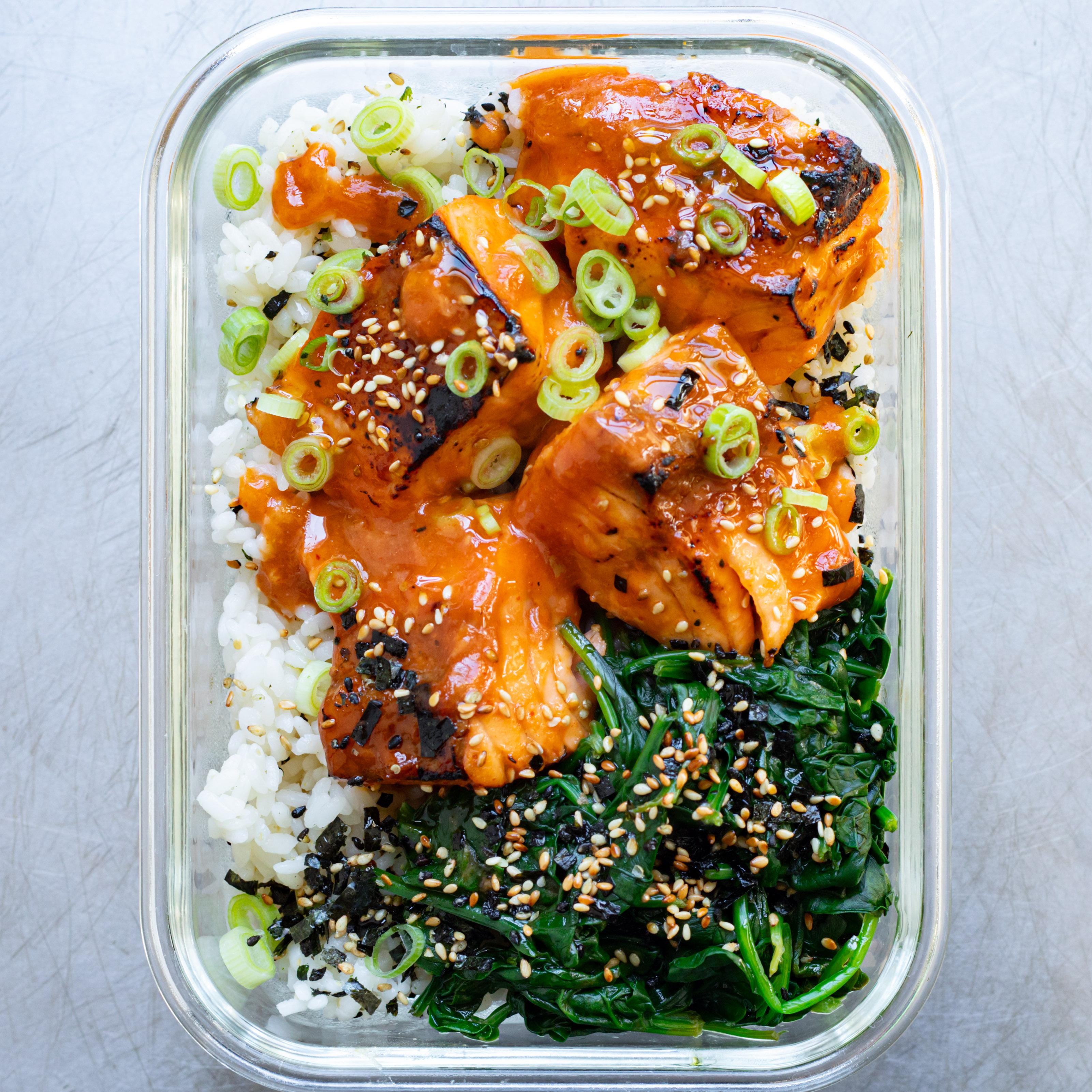 Lunch Box Spicy Salmon Bowl with Sesame Rice Soy Butter Spinach