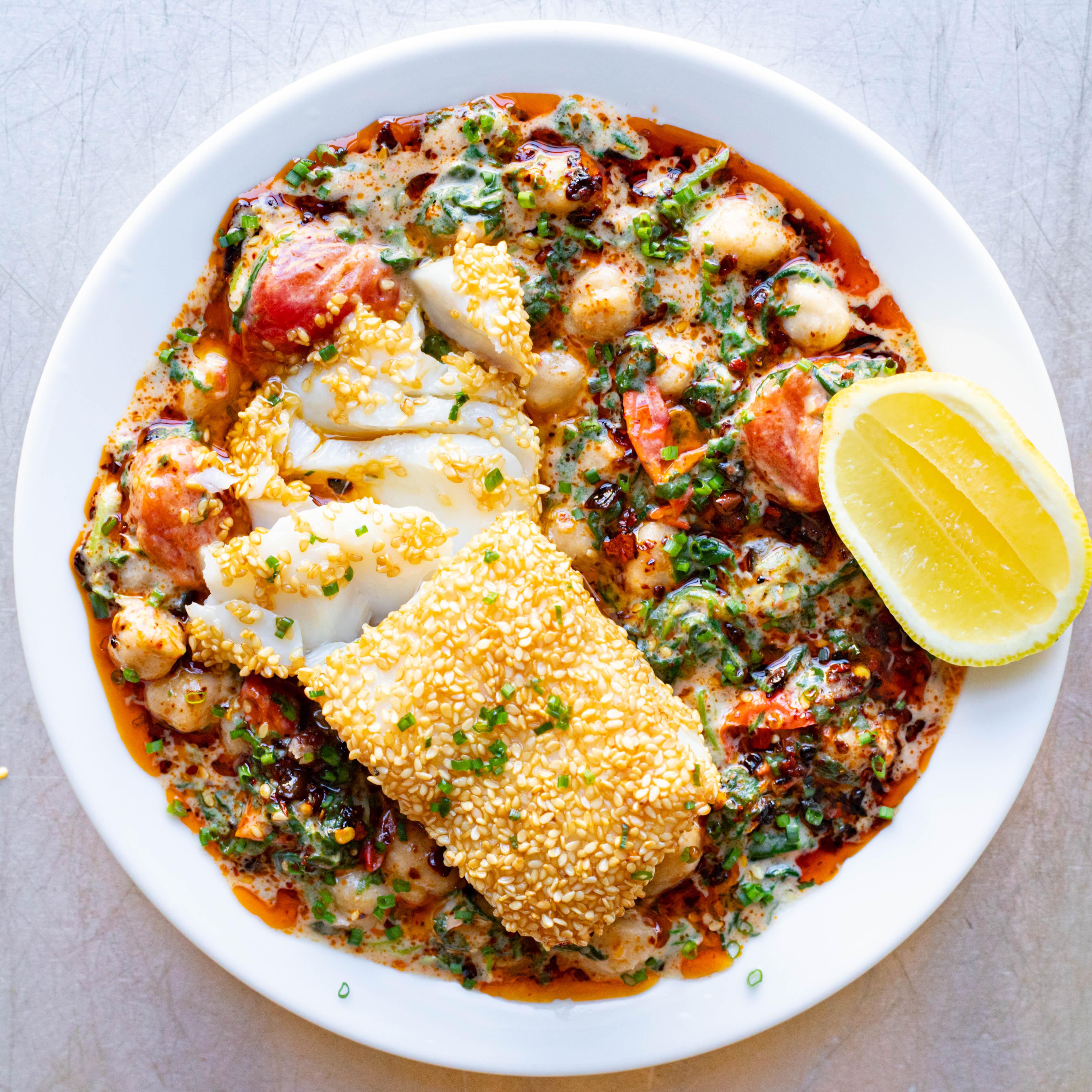 Sesame Crusted Cod Creamy Chilli Chickpeas