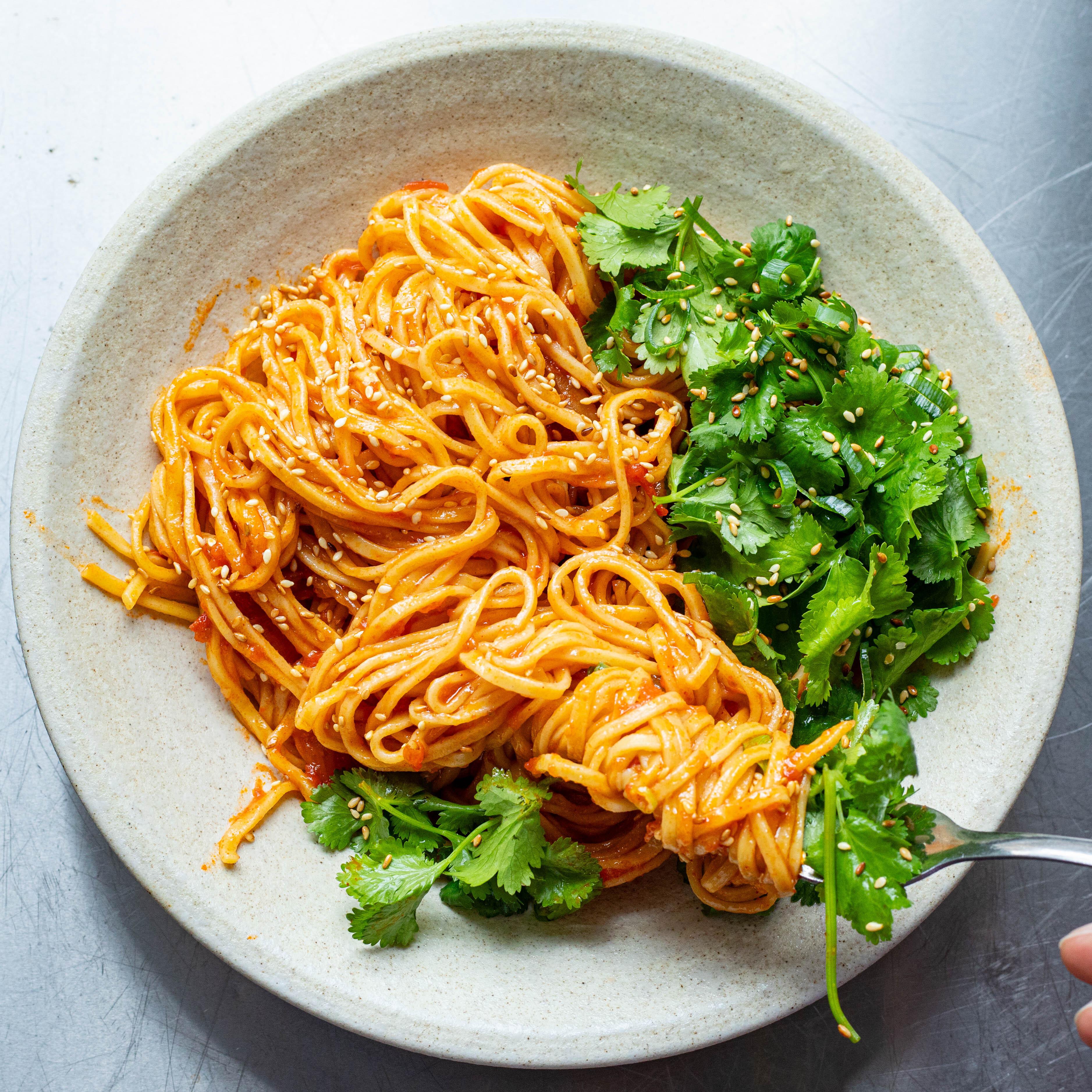 Spicy Herby Tomato Sweet Onion Noodles