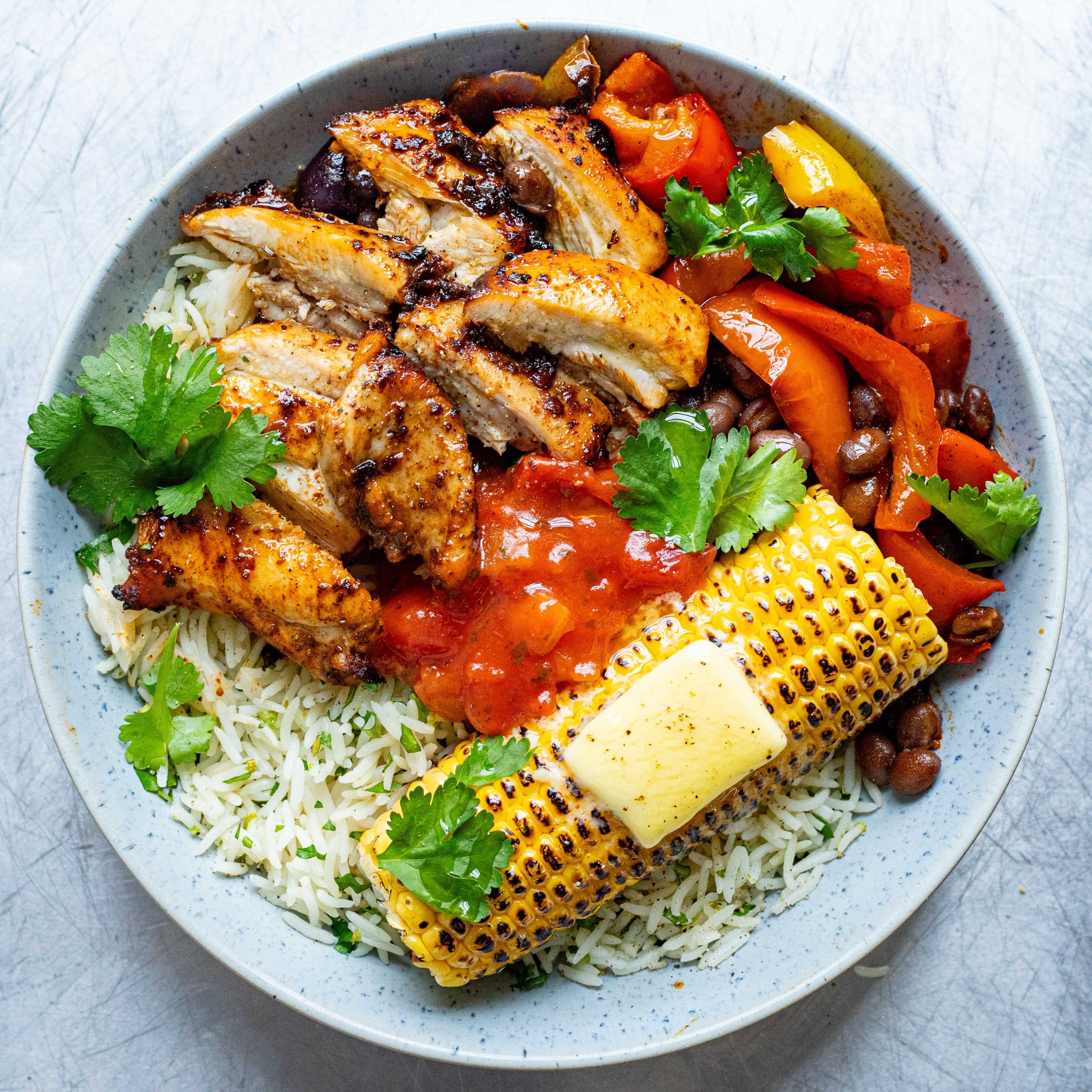 Ancho Chicken with Herby Lime Rice Charred Corn