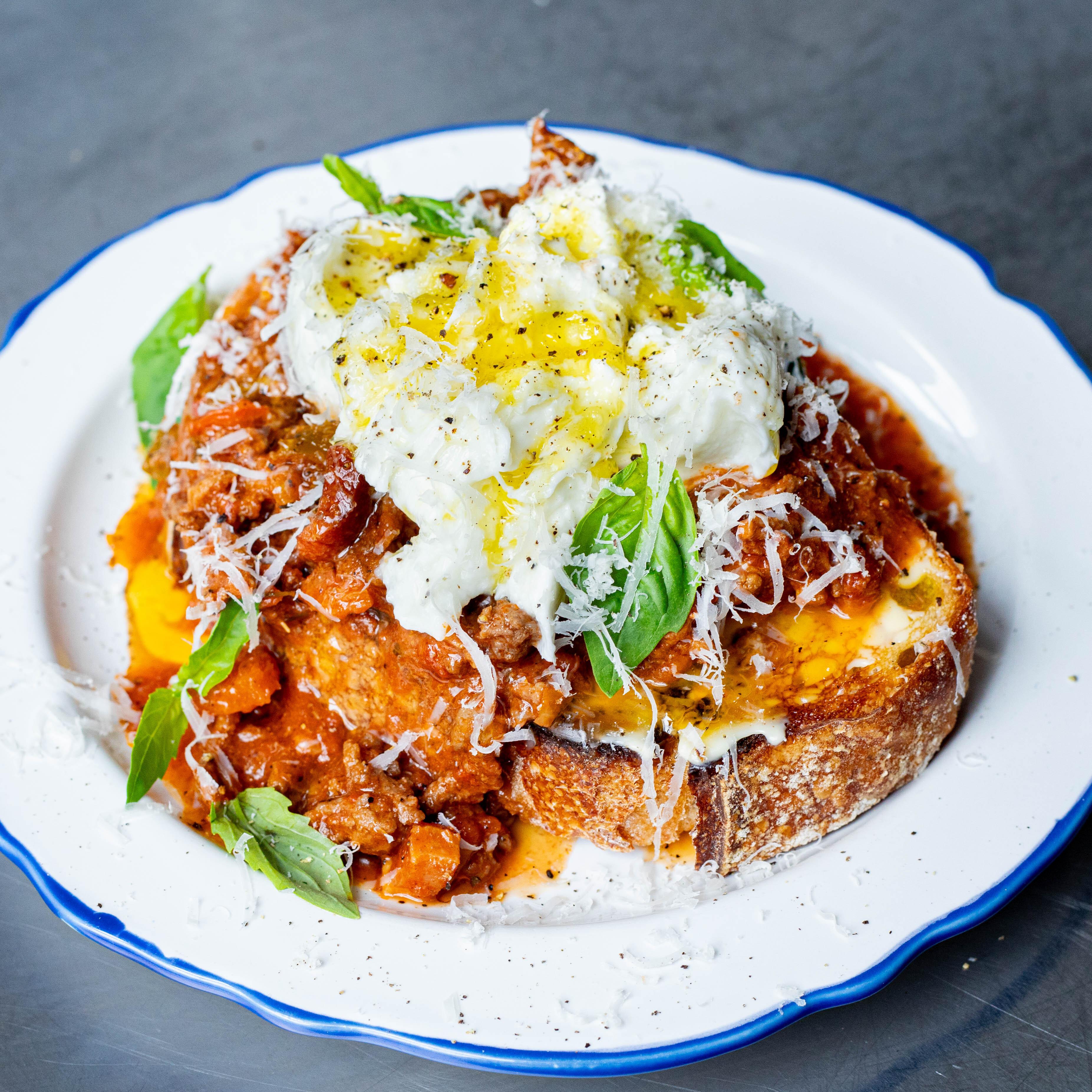 Cheesy Bolognese Ragú on Garlic Toast