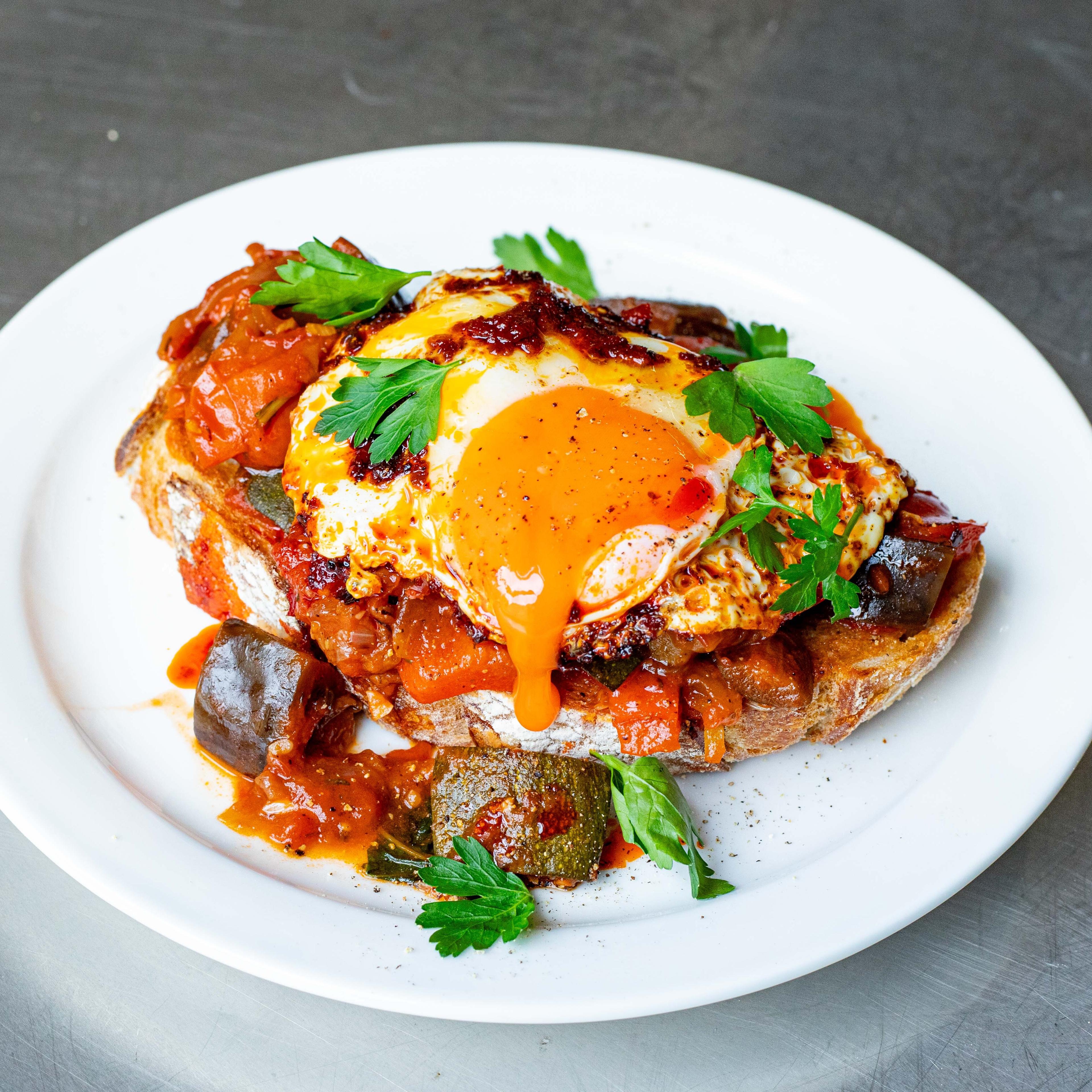 Garlicky Ratatouille Toast Harissa Fried Eggs
