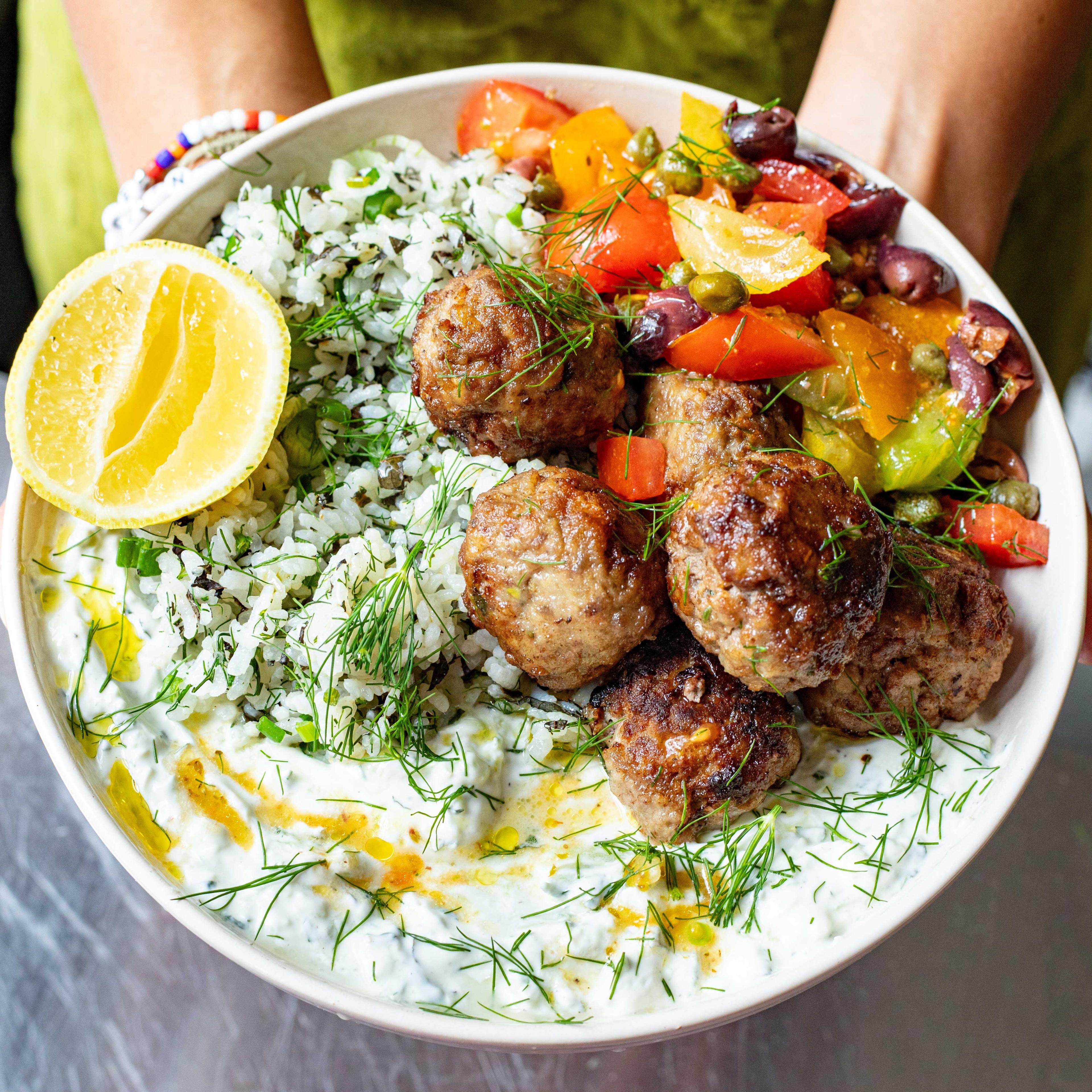 Keftedes with Herbed Rice Tzatziki Tomato Salad