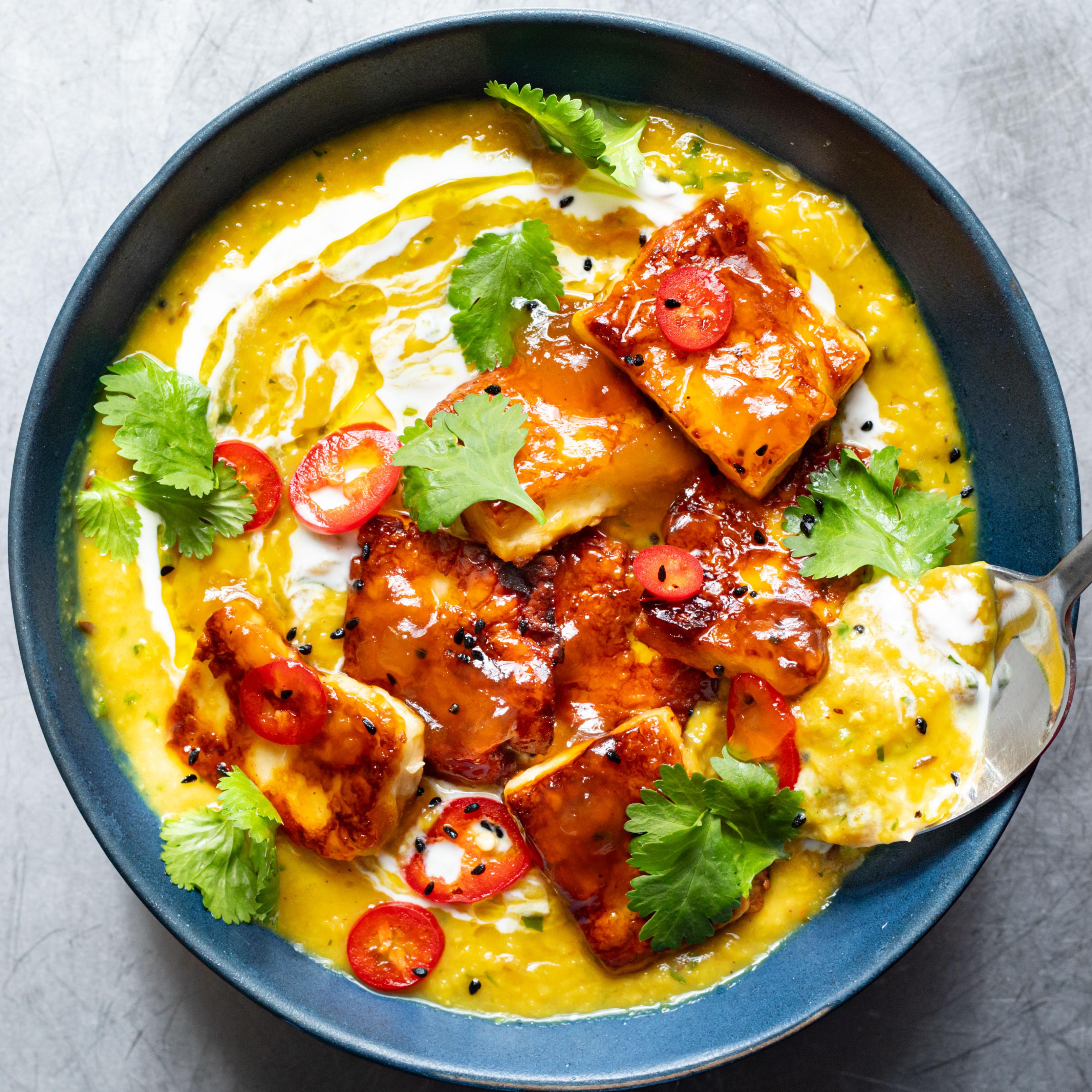 Mango Chutney Glazed Halloumi Coconut Dal